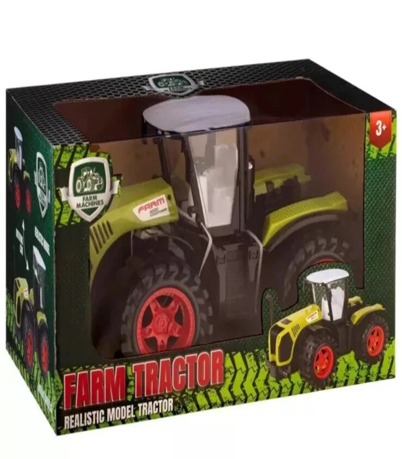 Toy tractor in packaging with branding and product details.