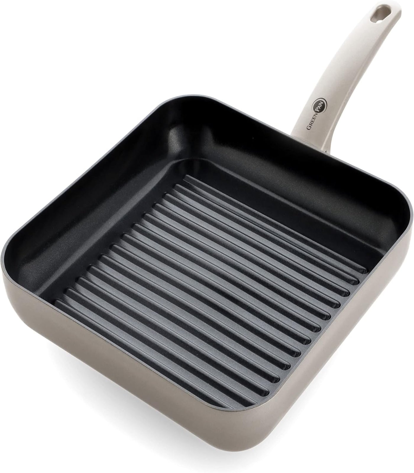 Black grill pan with beige handle on a white background