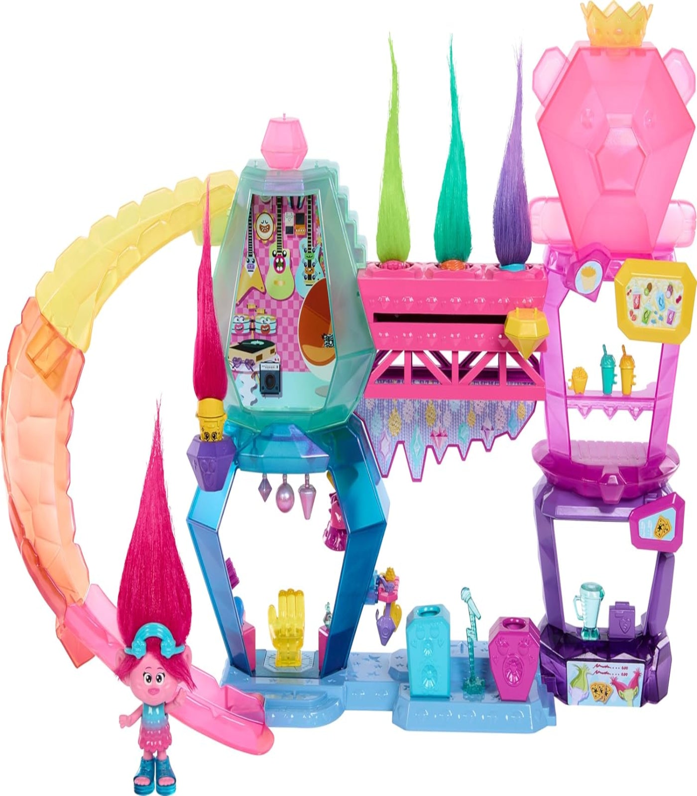 Toy set with colorful structures and a character figure on a white background