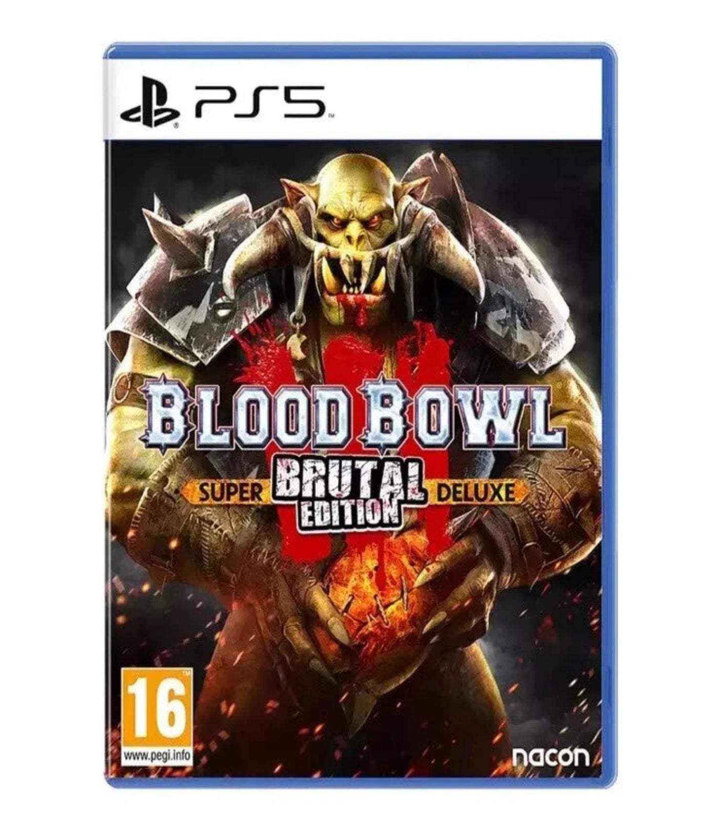 Game case for 'Blood Bowl Super Brutal Deluxe Edition' on PS5 with a gory design and 'nacon' branding.