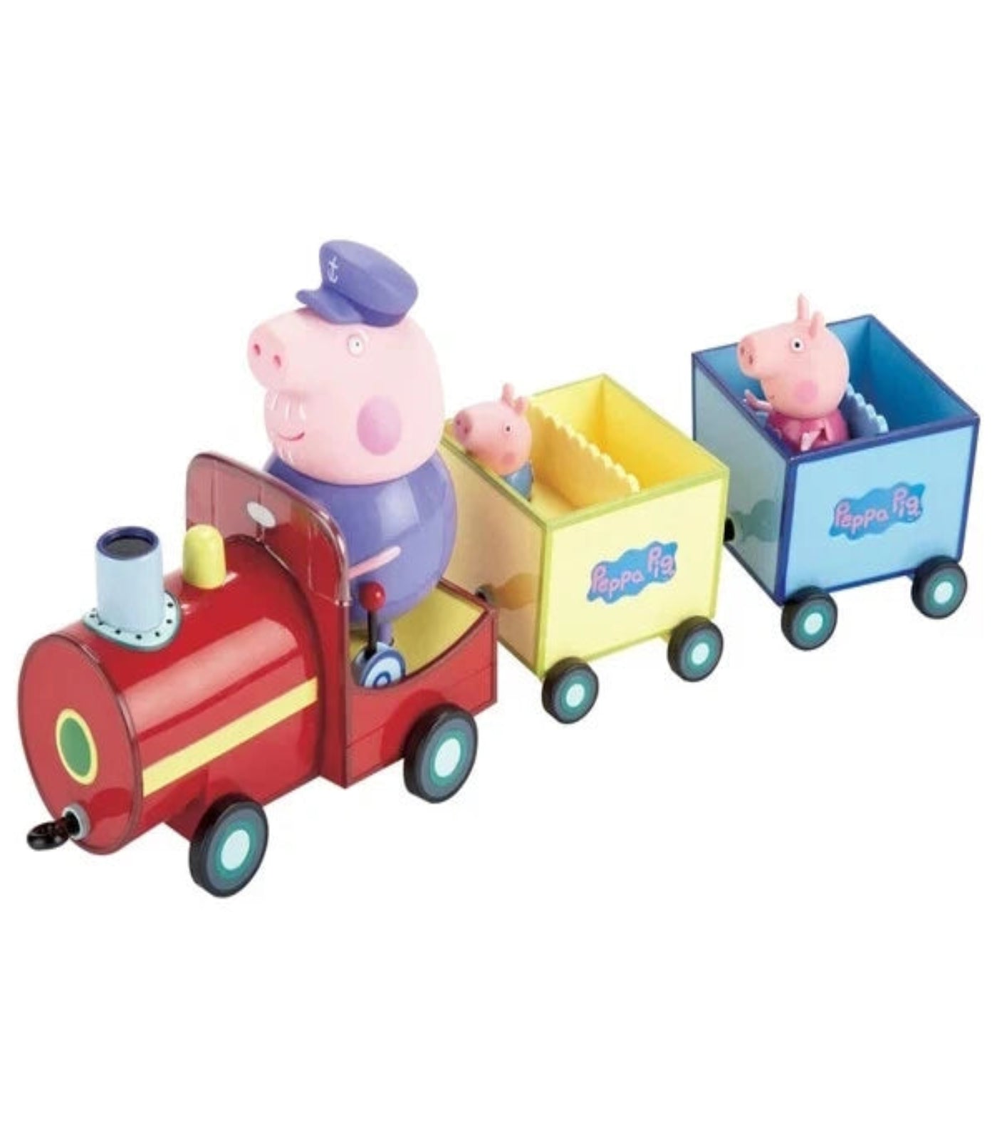 Toy train set with characters from the Peppa Pig series on a white background
