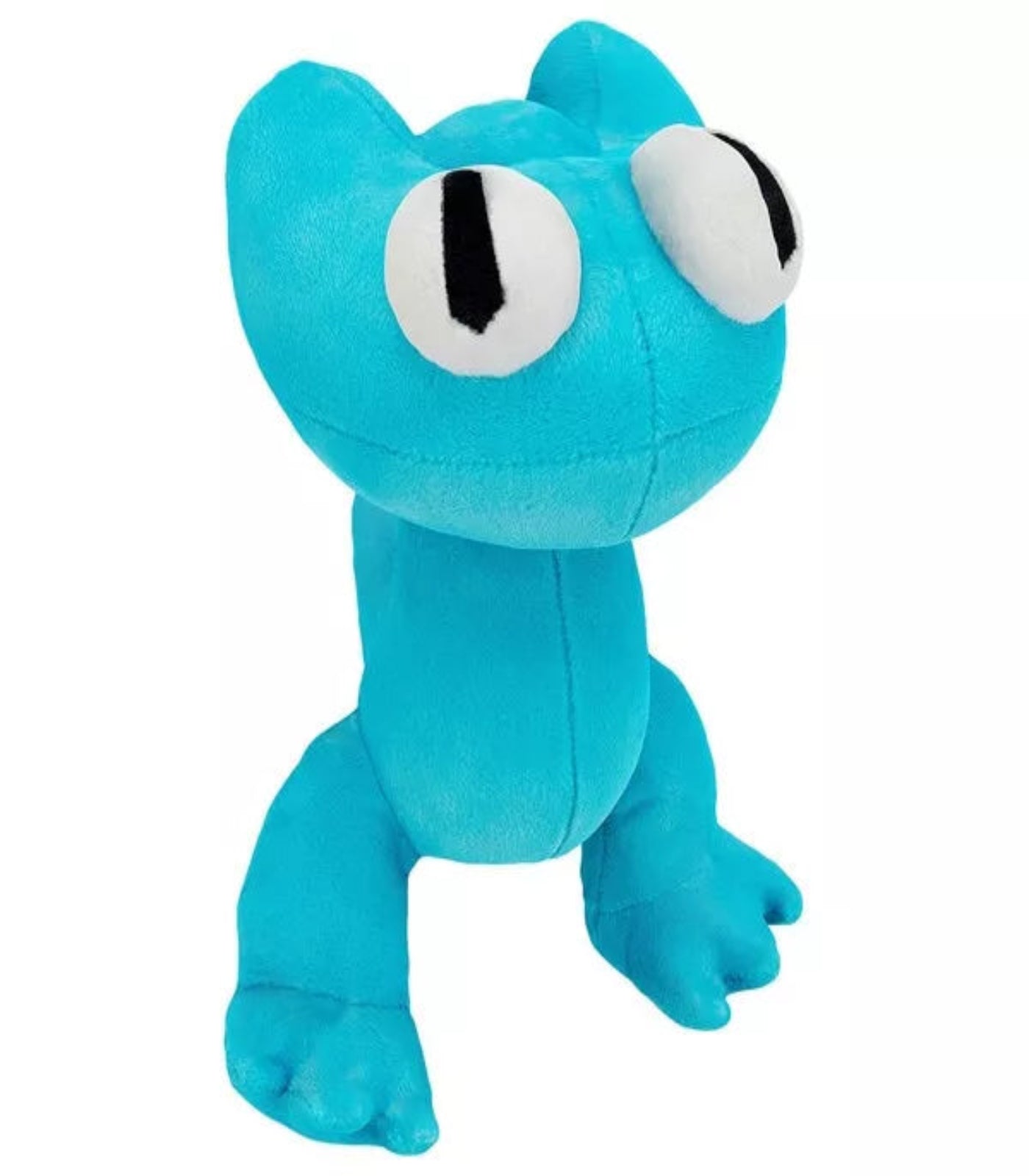 Blue plush toy with large eyes on a white background