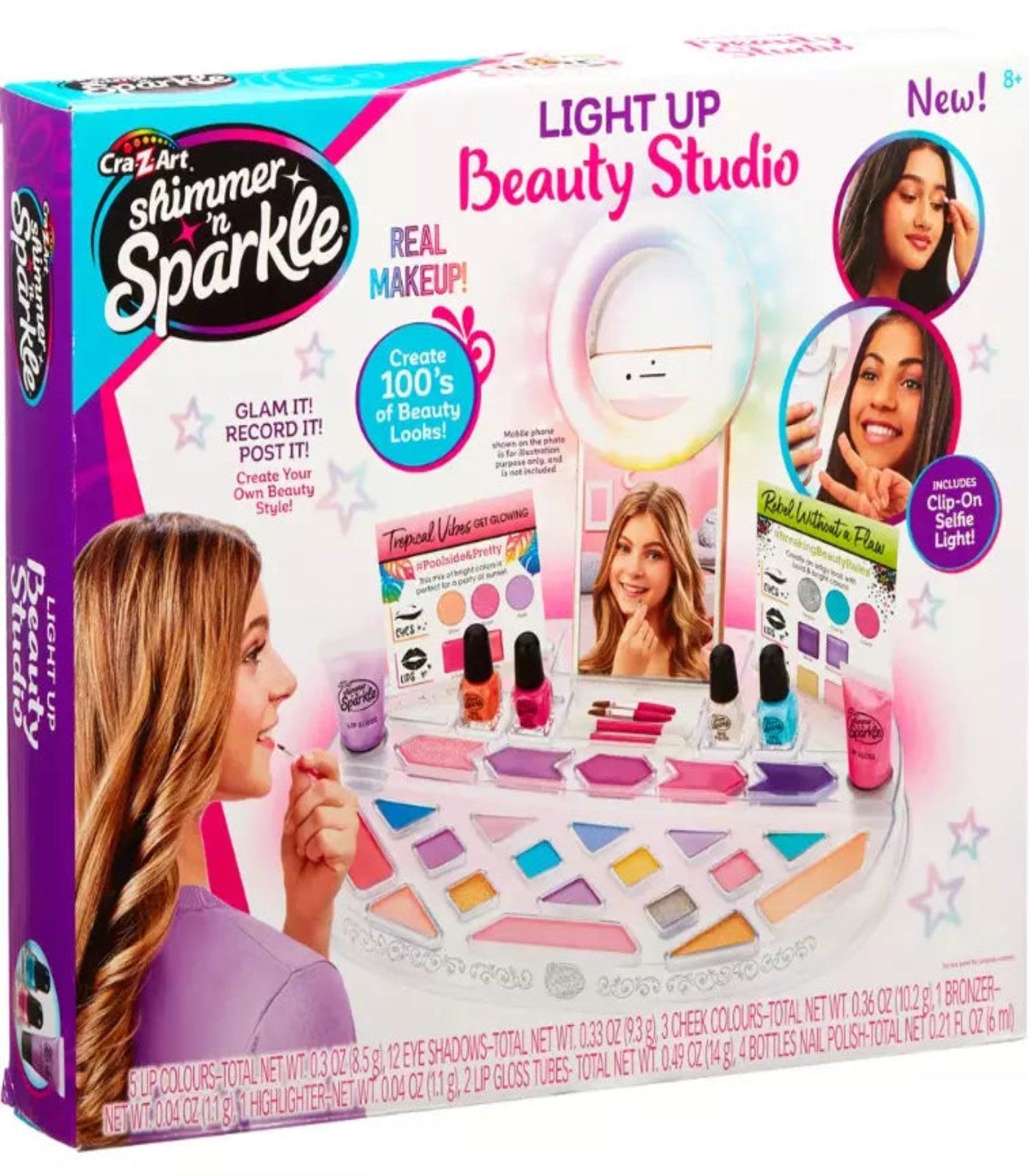 Box of Cra-Z-Art Shimmer 'n Sparkle Light Up Beauty Studio with makeup items and accessories.