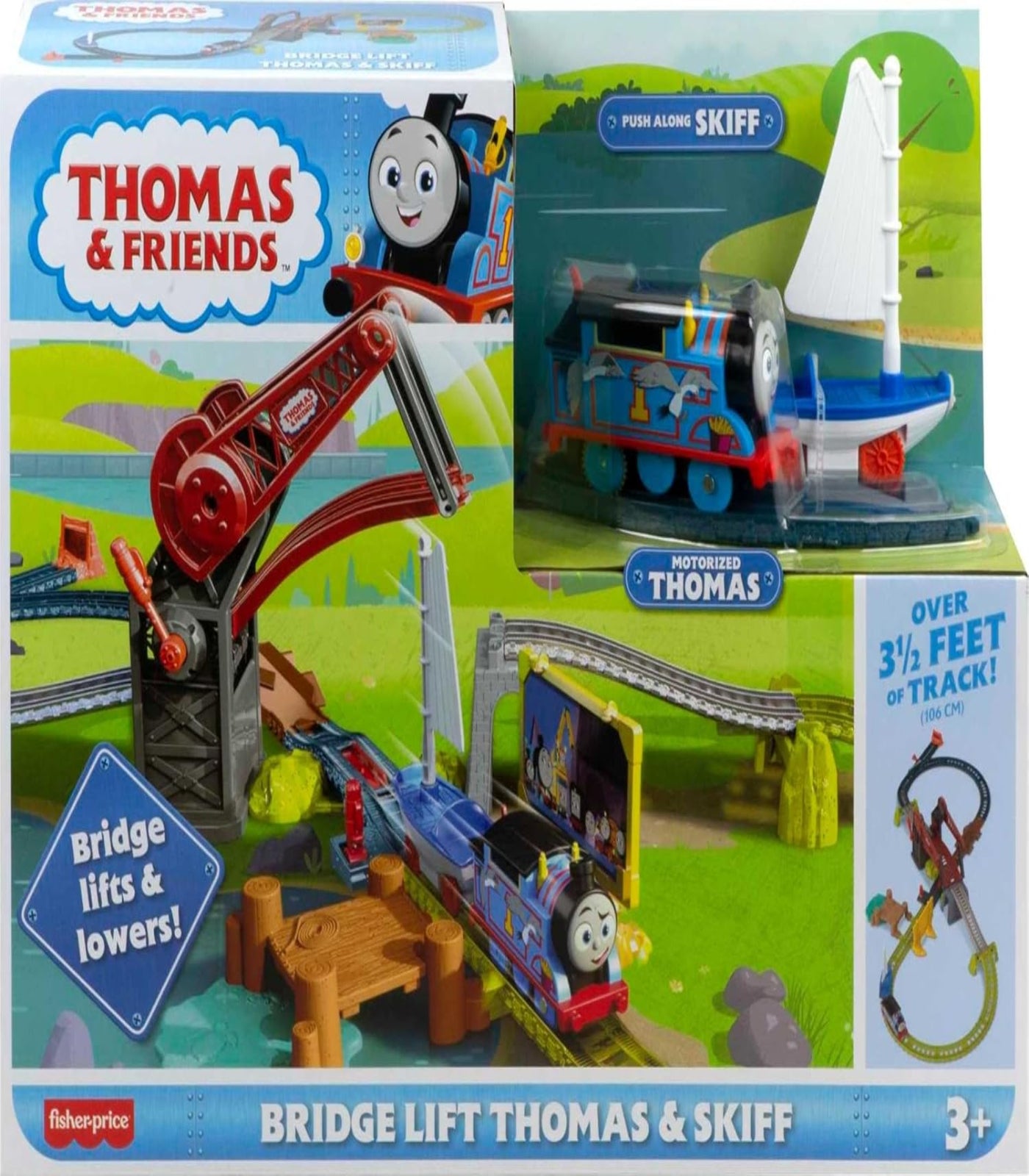 Toy set packaging featuring Thomas the Tank Engine and Skiff with track and bridge lift features.