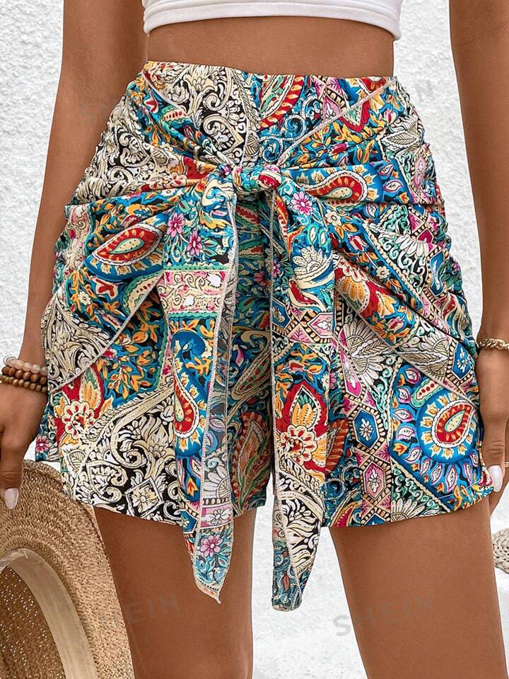 SHEIN High Waisted Paisley Flower Printed Front Tie Shorts Size L RRP £7.99