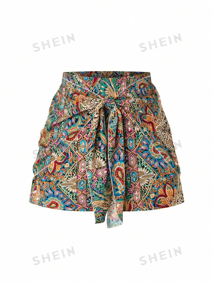 SHEIN High Waisted Paisley Flower Printed Front Tie Shorts Size L RRP £7.99