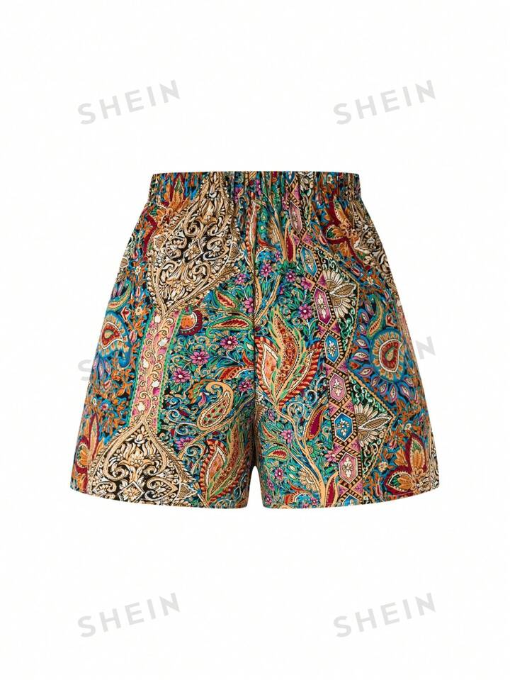 SHEIN High Waisted Paisley Flower Printed Front Tie Shorts Size L RRP £7.99