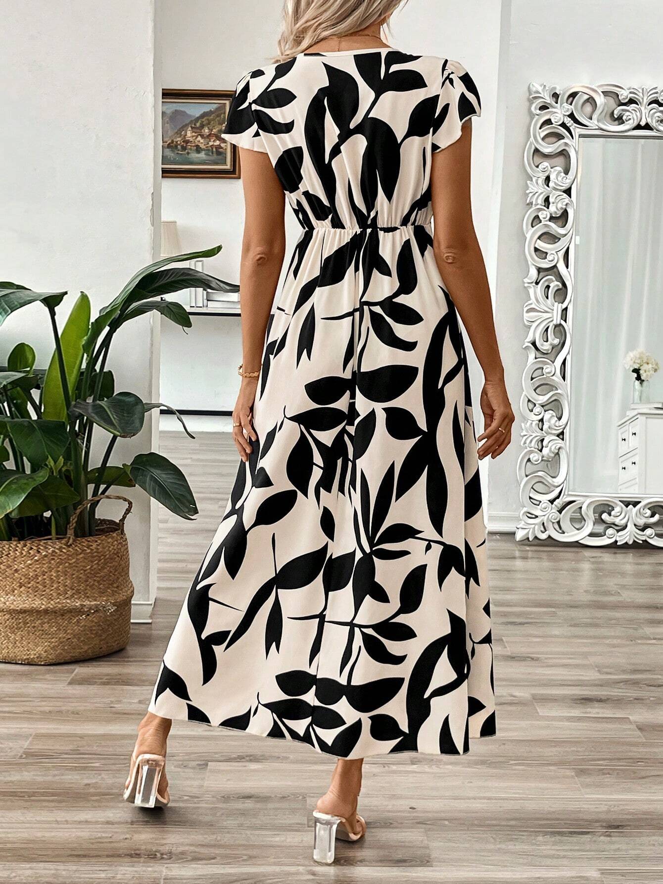 SHEIN Long V-Neck Branch Floral A-Line Waist Maxi Dress Size XL
