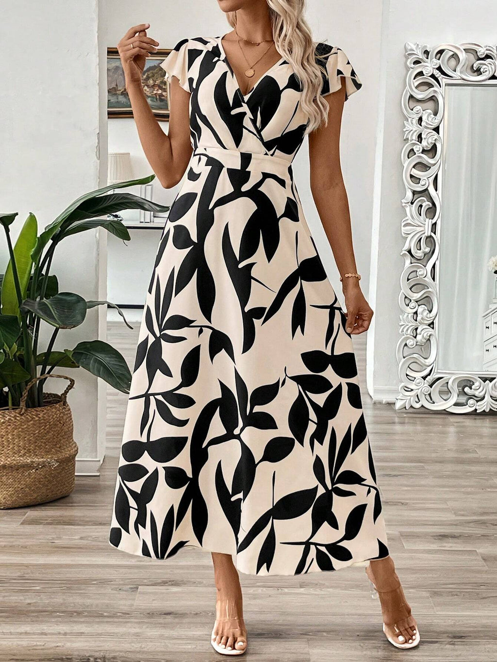 SHEIN Long V-Neck Branch Floral A-Line Waist Maxi Dress Size XL