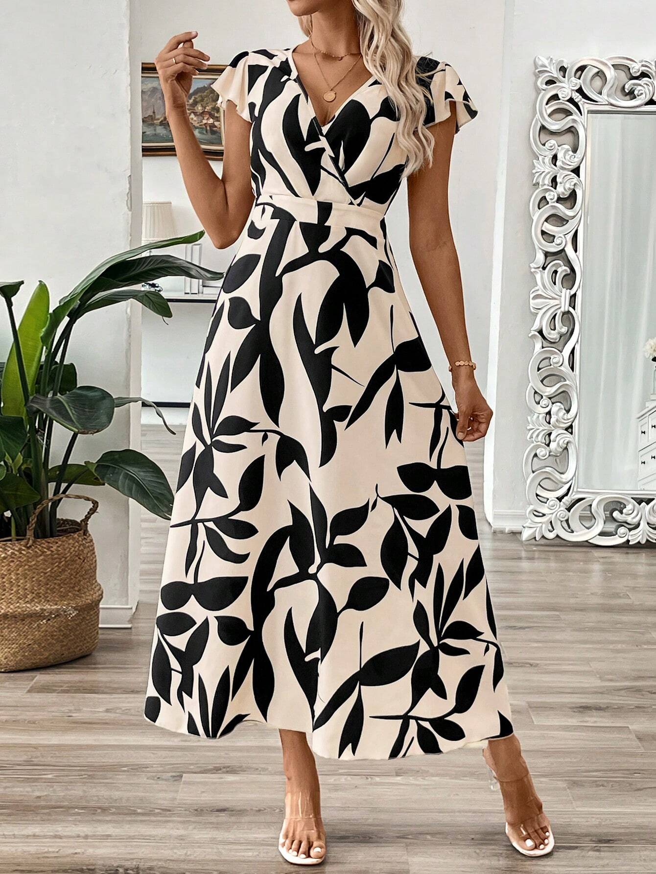 SHEIN Long V-Neck Branch Floral A-Line Waist Maxi Dress Size XL