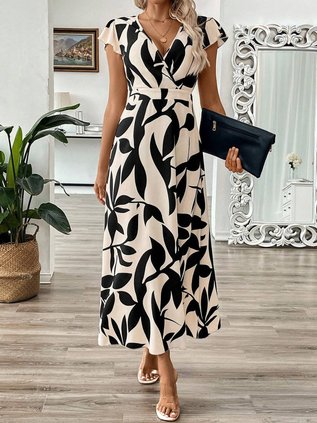 SHEIN Long V-Neck Branch Floral A-Line Waist Maxi Dress Size XL