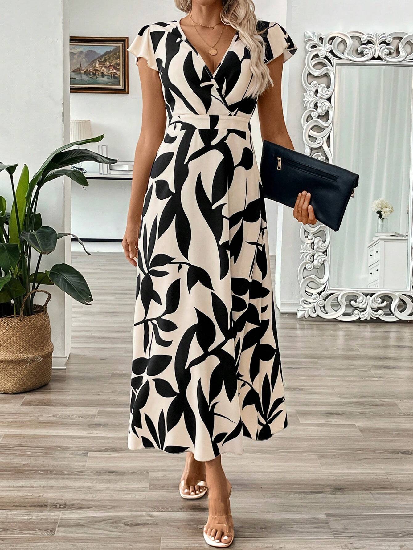 SHEIN Long V-Neck Branch Floral A-Line Waist Maxi Dress Size XL