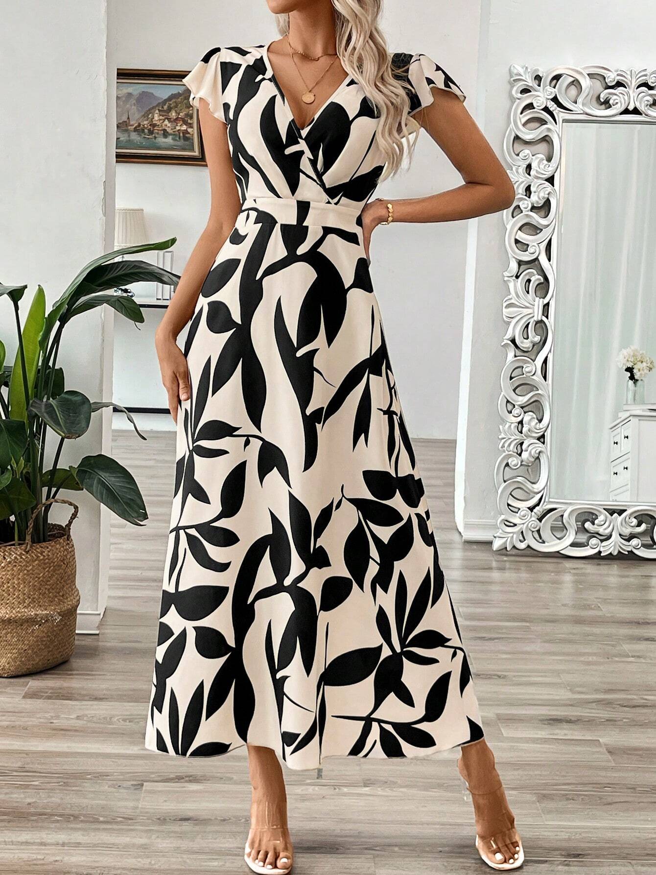 SHEIN Long V-Neck Branch Floral A-Line Waist Maxi Dress Size XL