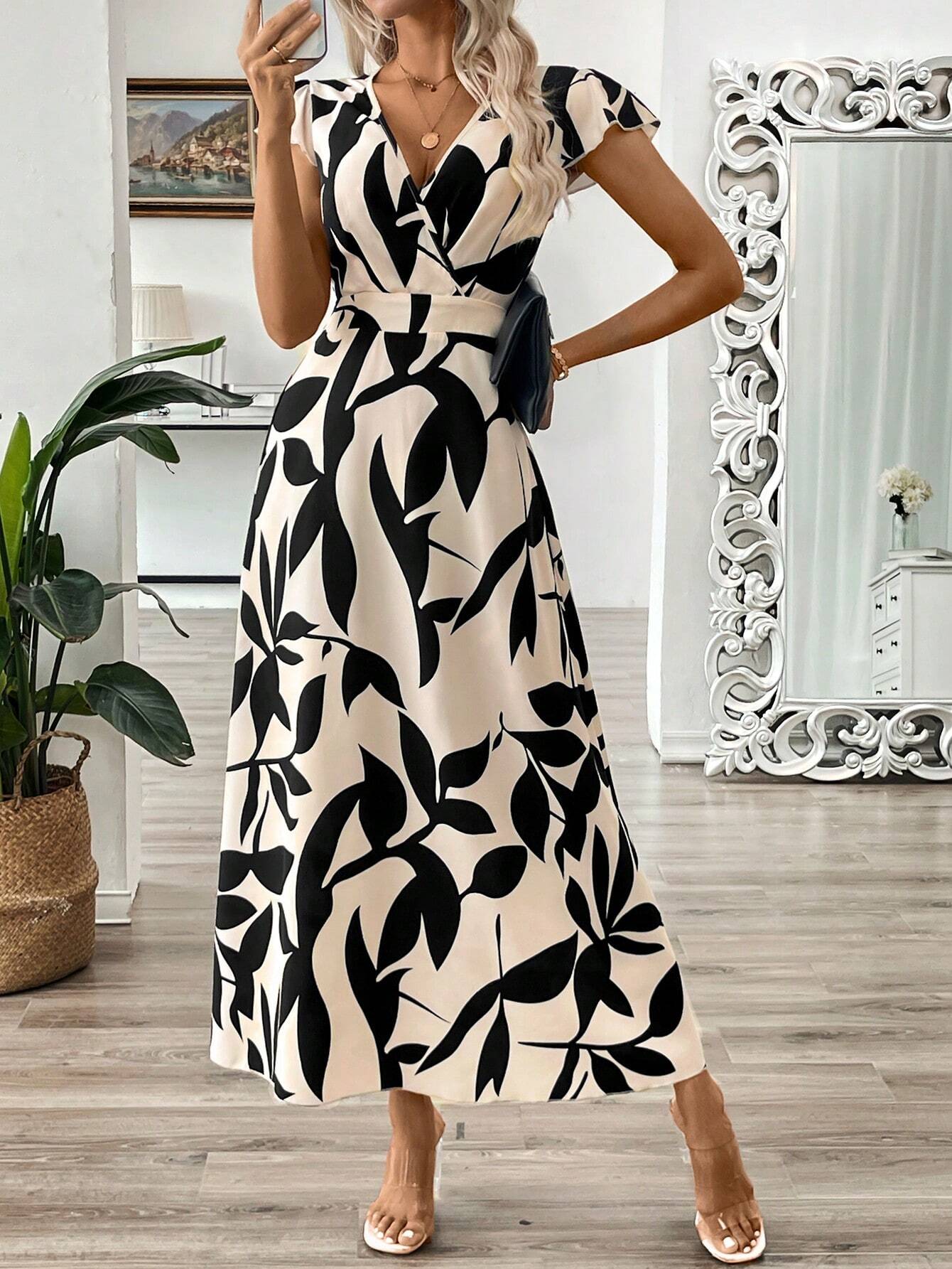 SHEIN Long V-Neck Branch Floral A-Line Waist Maxi Dress Size XL