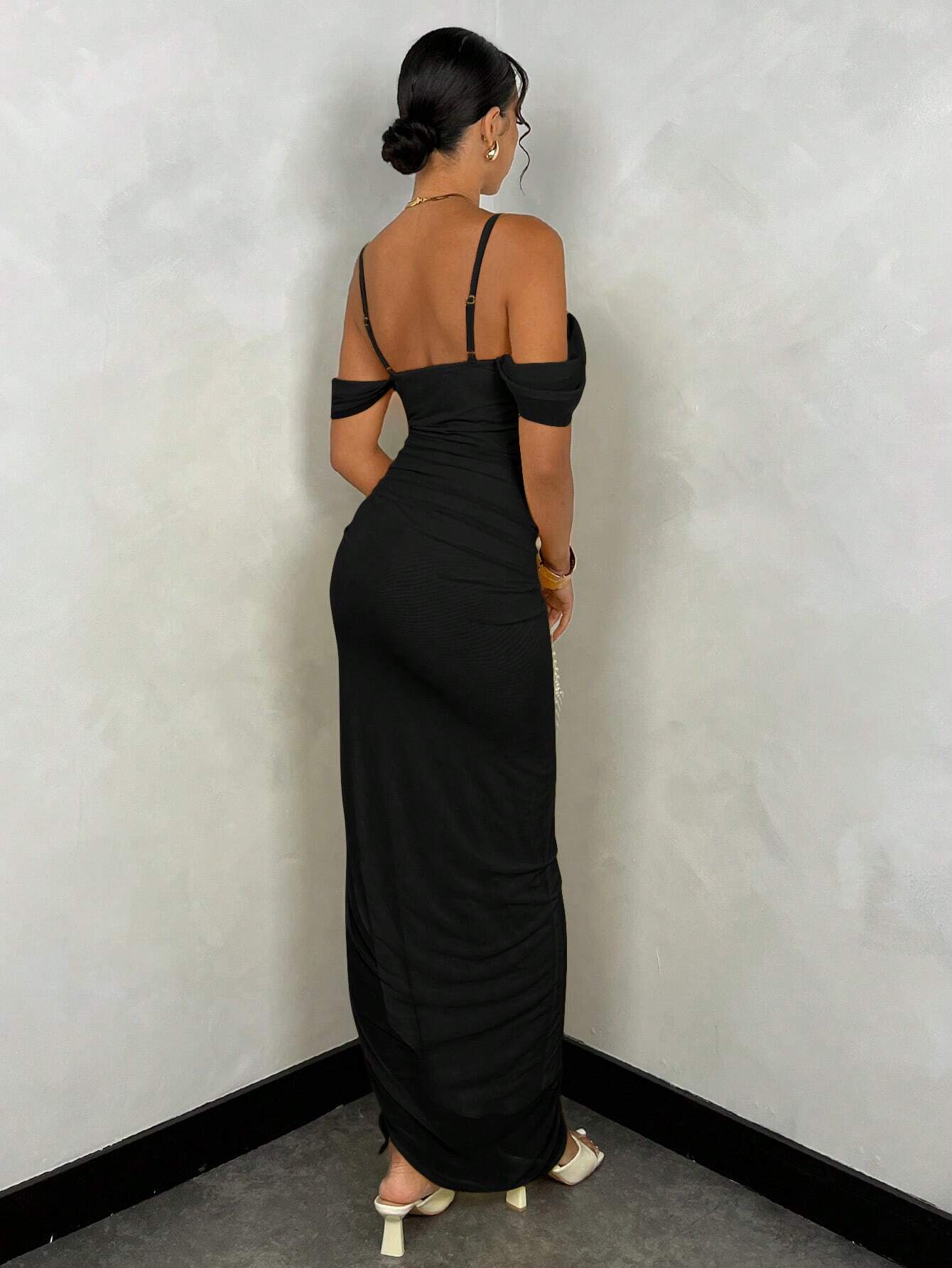 SHEIN Draped Sleeve Plunge Slit Ruffle Dress Size 10 (M)