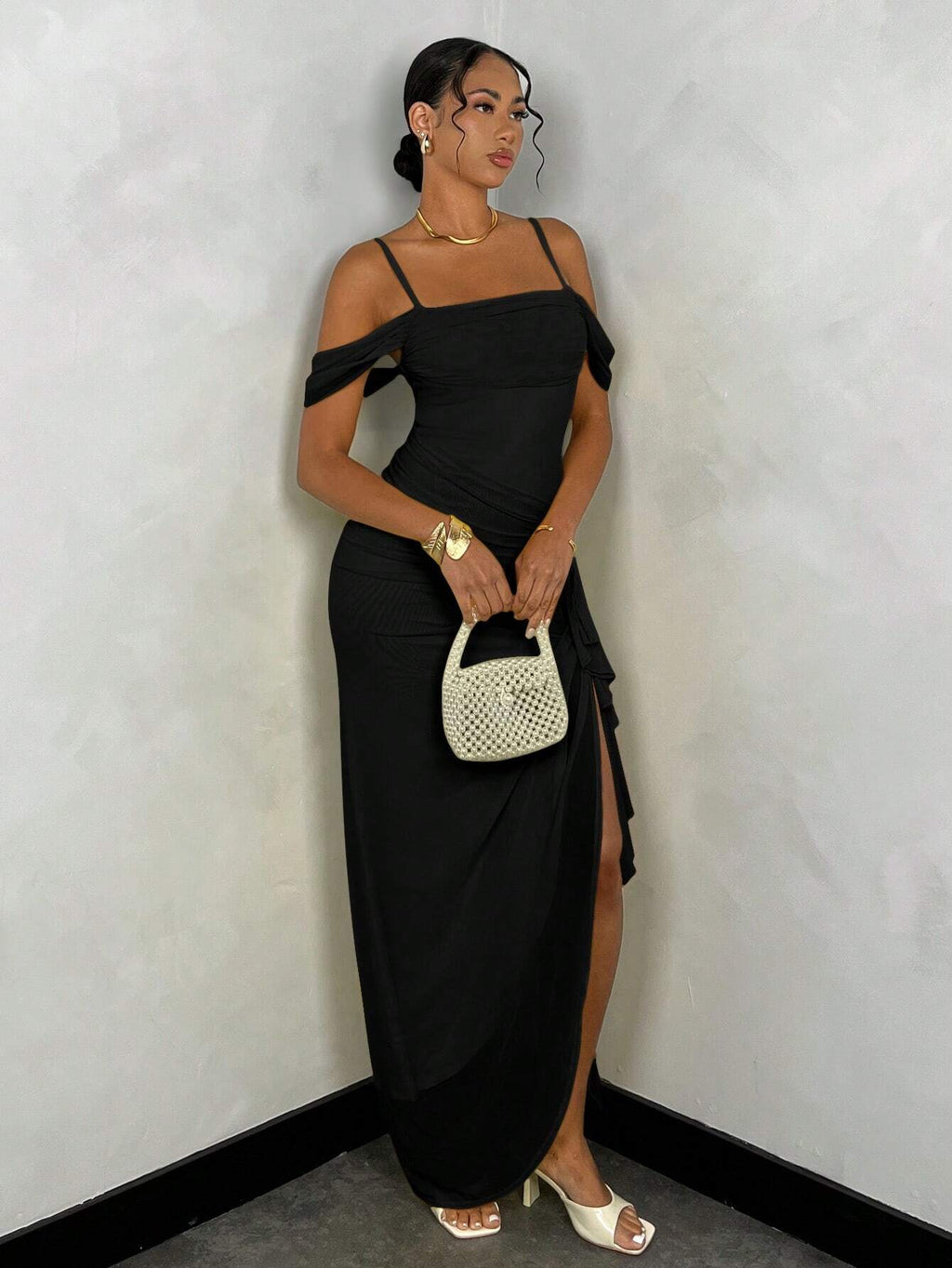SHEIN Draped Sleeve Plunge Slit Ruffle Dress Size 10 (M)