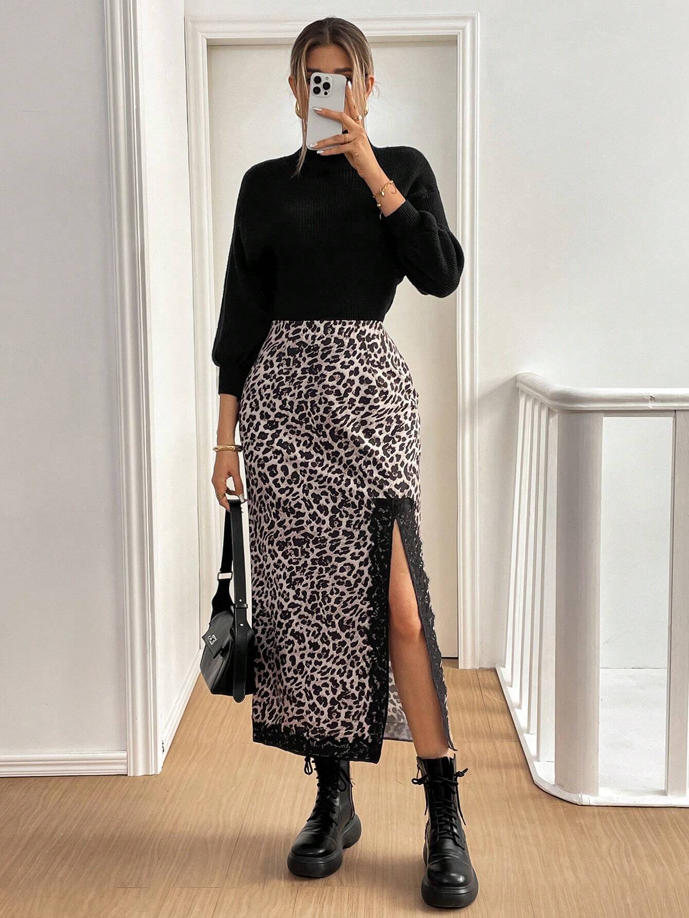 SHEIN Leopard Print Lace High Slit Skirt Size 18 (1XL)