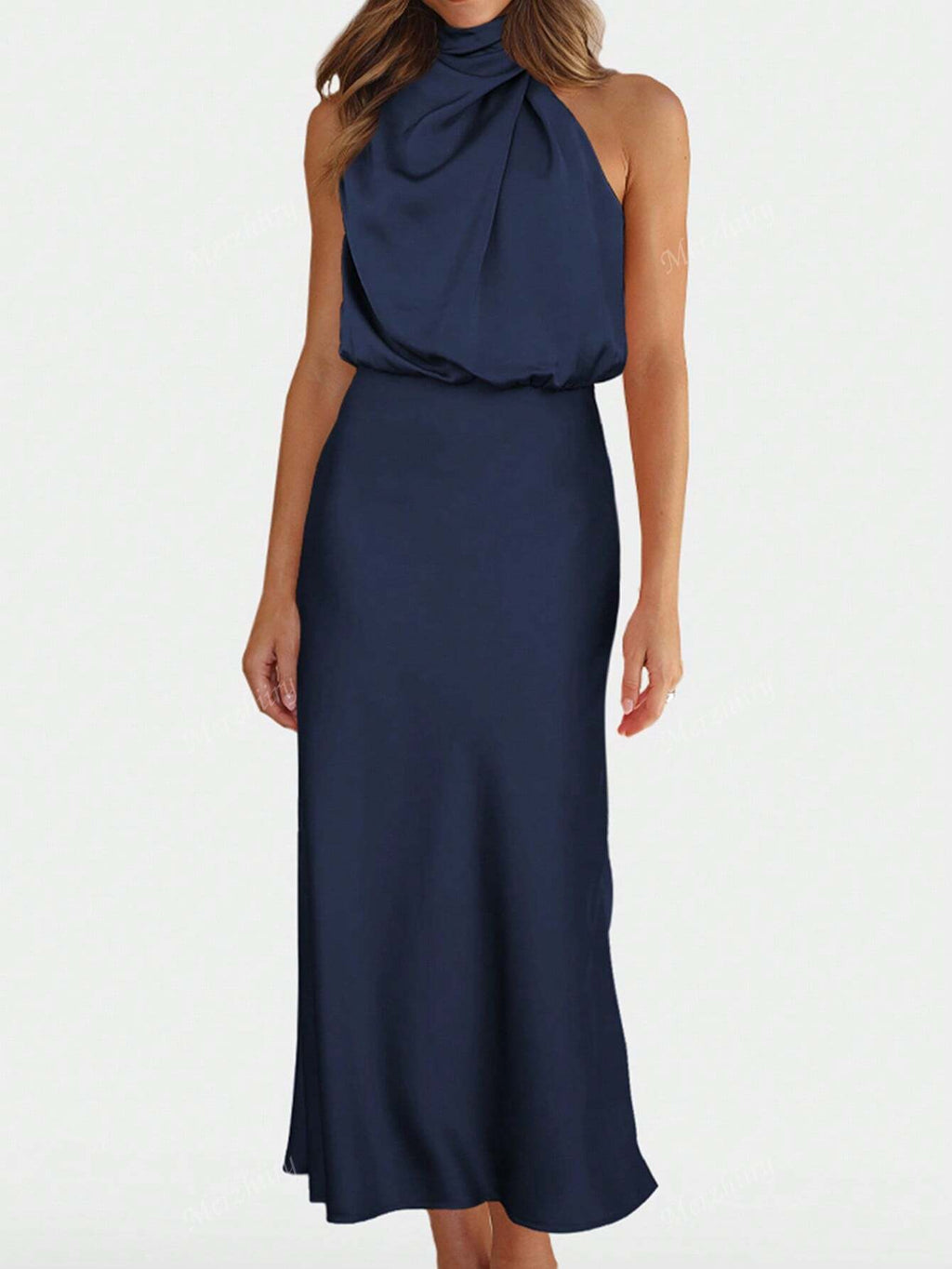 SHEIN Solid Asymmetrical Neck Satin Dress L