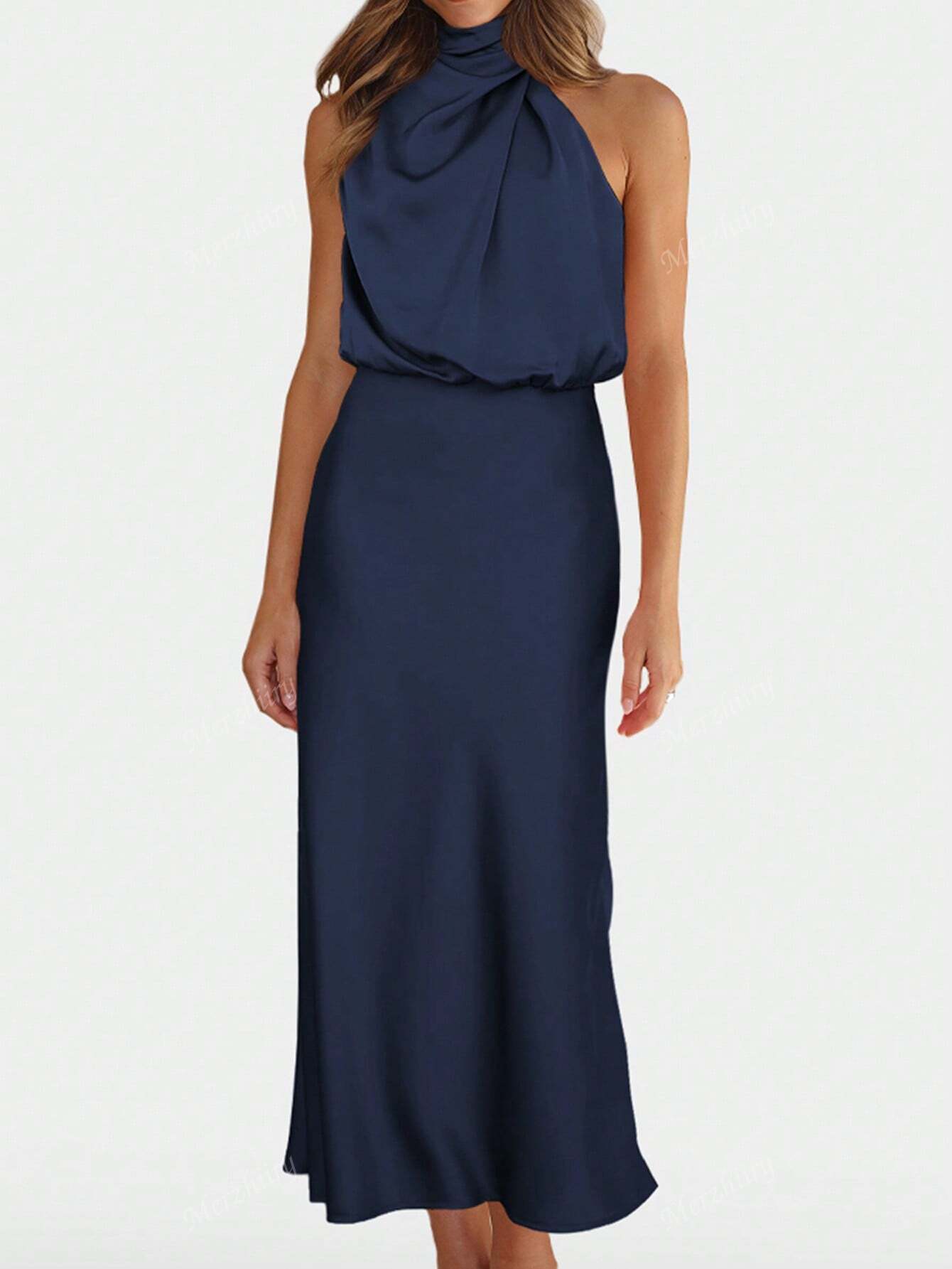 SHEIN Solid Asymmetrical Neck Satin Dress L
