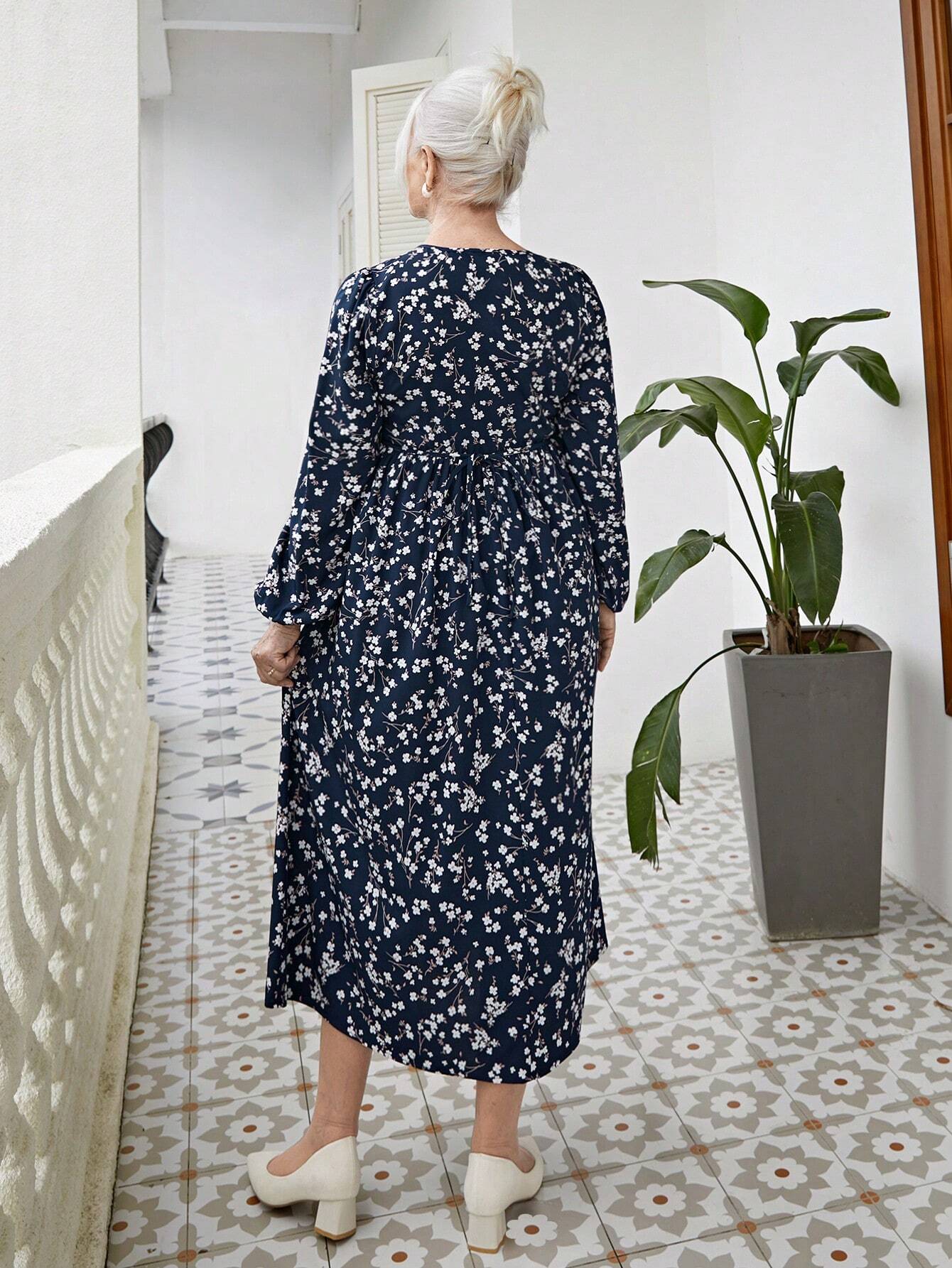 SHEIN Elegant Ditsy Floral Tie Collar Long Sleeve Dress Size 10 (M)