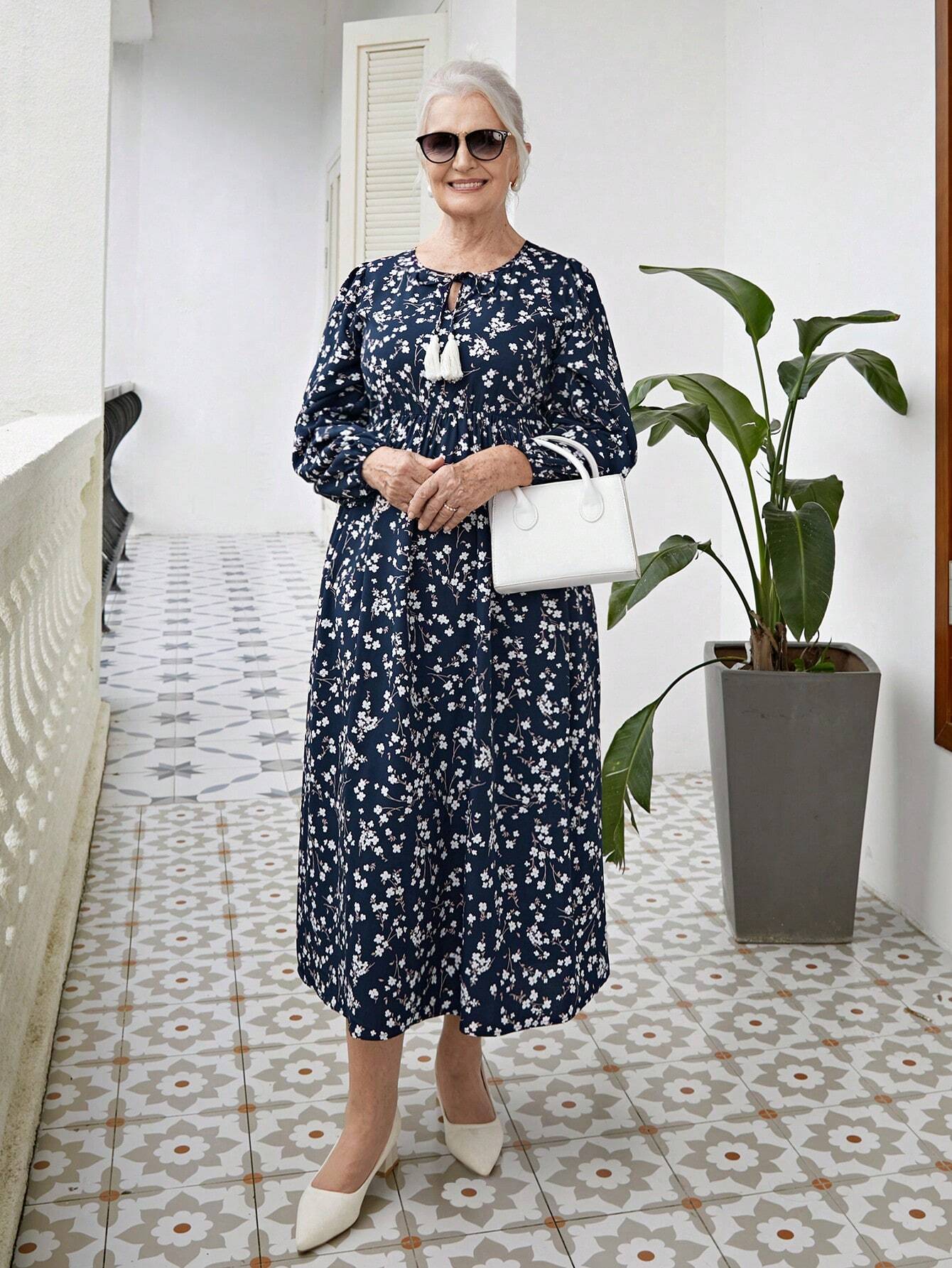 SHEIN Elegant Ditsy Floral Tie Collar Long Sleeve Dress Size 10 (M)