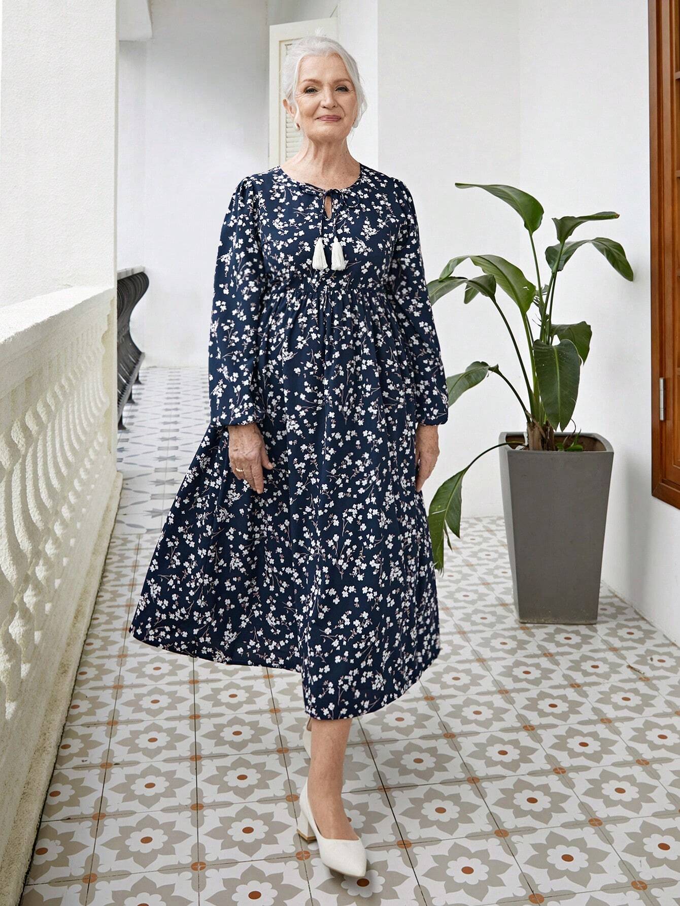 SHEIN Elegant Ditsy Floral Tie Collar Long Sleeve Dress Size 10 (M)