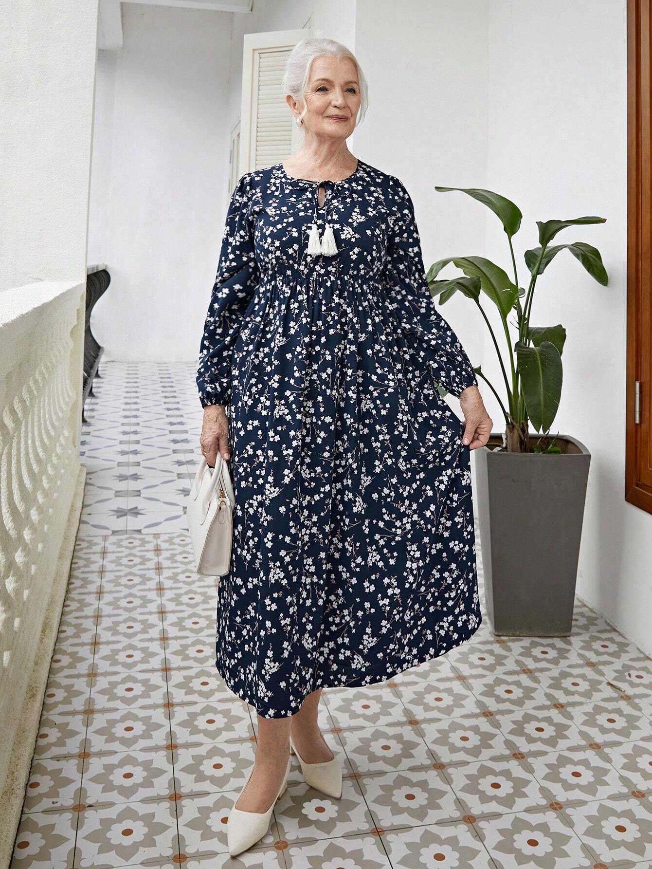 SHEIN Elegant Ditsy Floral Tie Collar Long Sleeve Dress Size 10 (M)