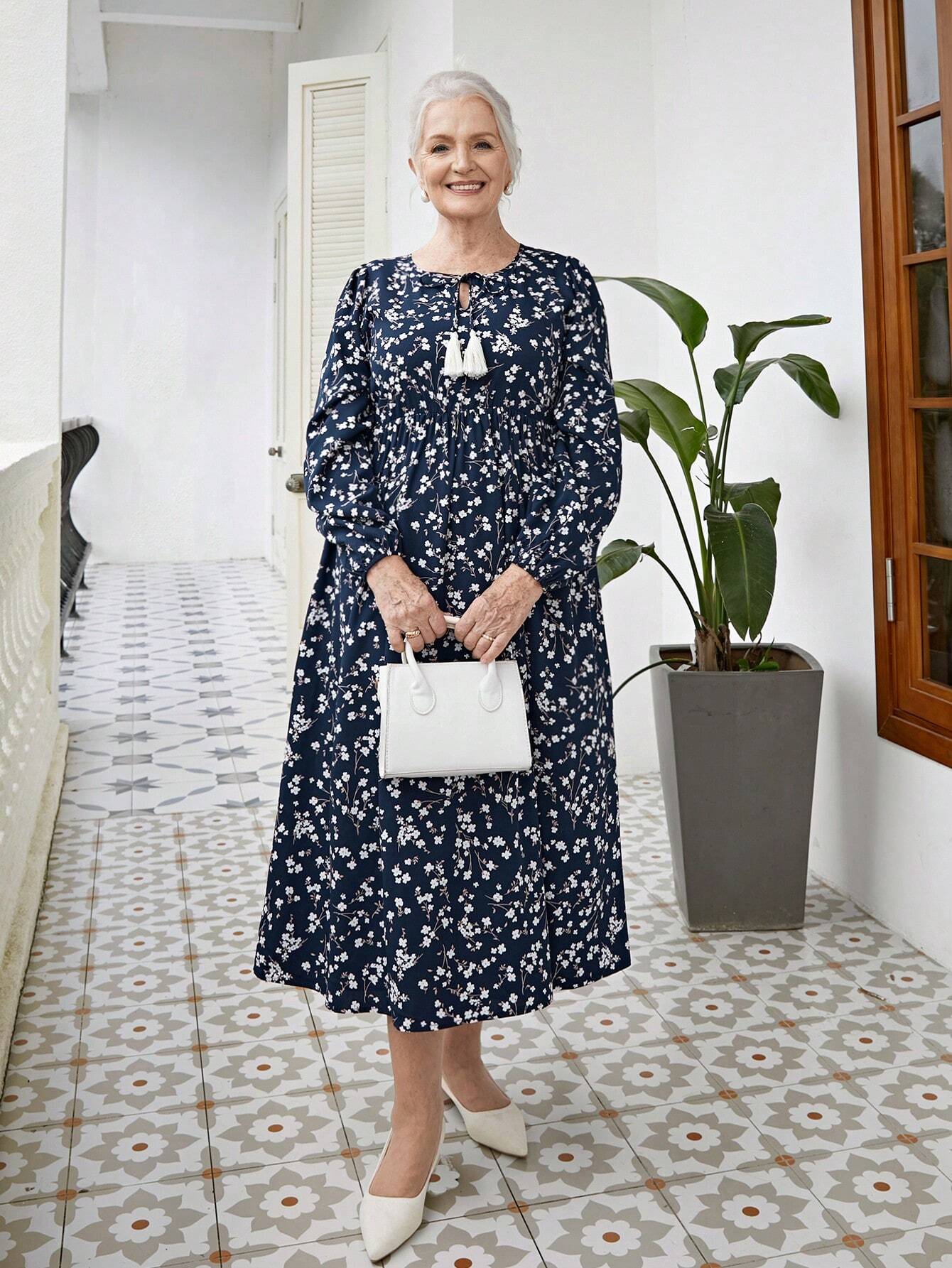 SHEIN Elegant Ditsy Floral Tie Collar Long Sleeve Dress Size 10 (M)