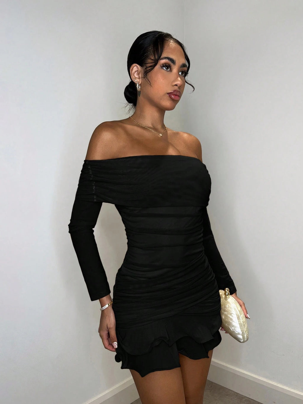 SHEIN Mesh Knit Off Shoulder Long Sleeve Mini Dress Size 10 (M)