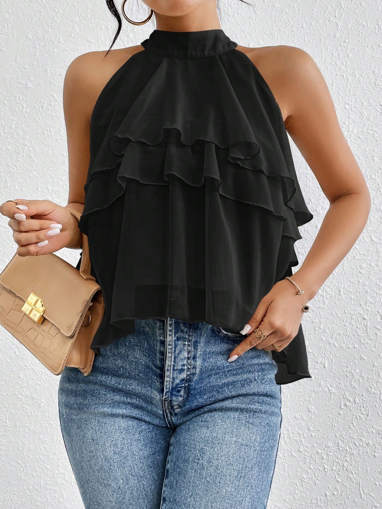 SHEIN Loose Fit Neck Tie Ruffle Hem Asymmetrical Chiffon Blouse Size 10 (M)