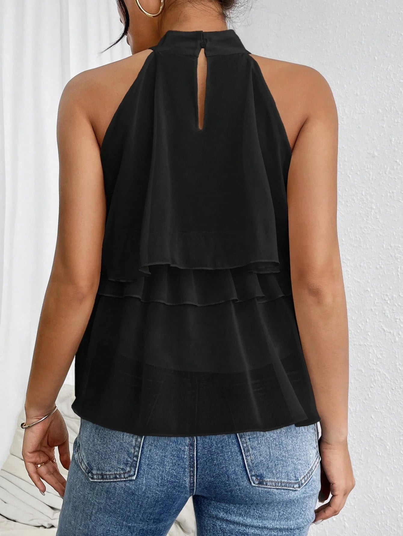 SHEIN Loose Fit Neck Tie Ruffle Hem Asymmetrical Chiffon Blouse Size 10 (M)