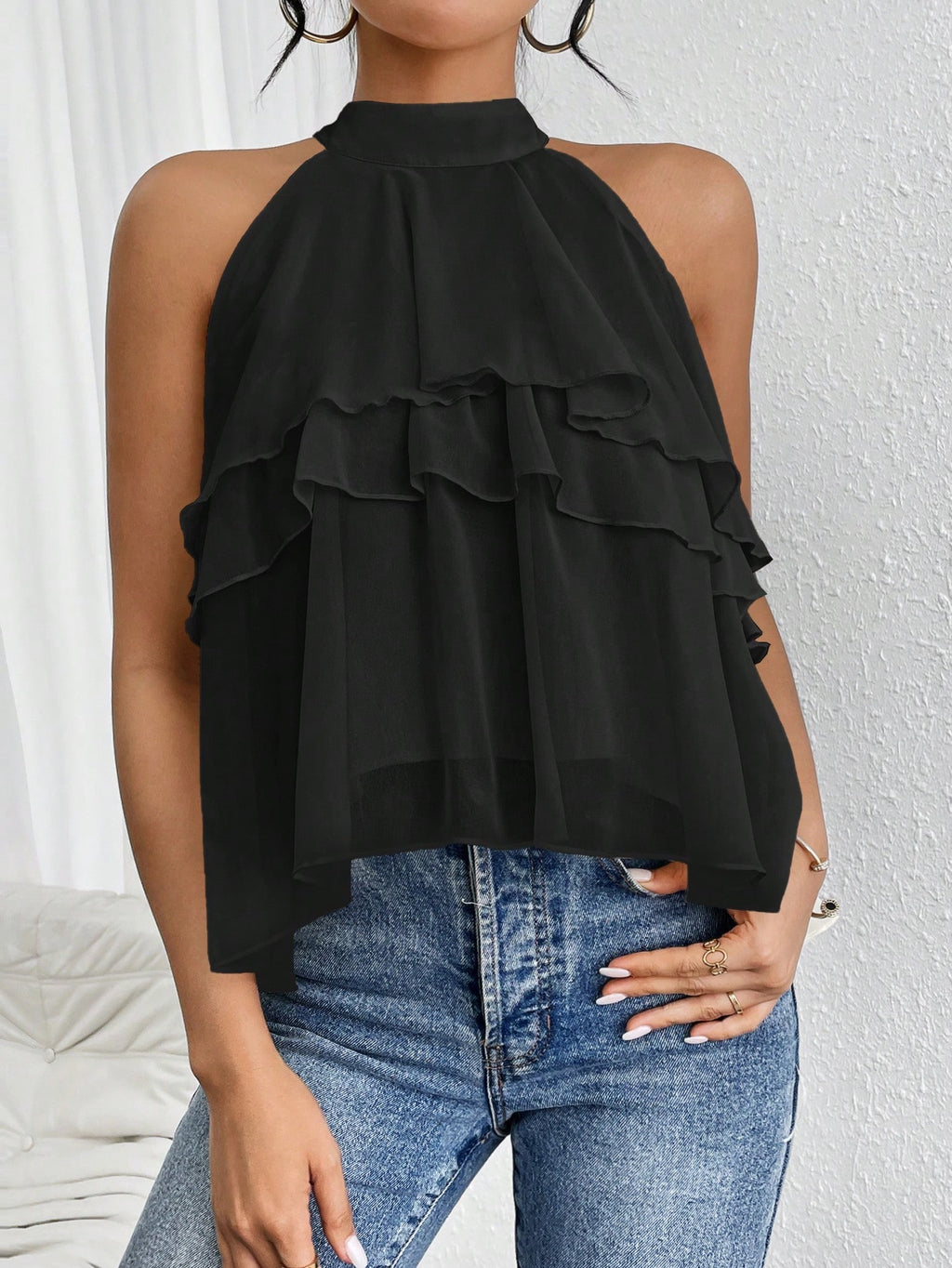 SHEIN Loose Fit Neck Tie Ruffle Hem Asymmetrical Chiffon Blouse Size 10 (M)