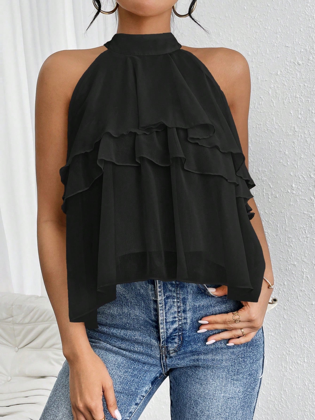 SHEIN Loose Fit Neck Tie Ruffle Hem Asymmetrical Chiffon Blouse Size 10 (M)