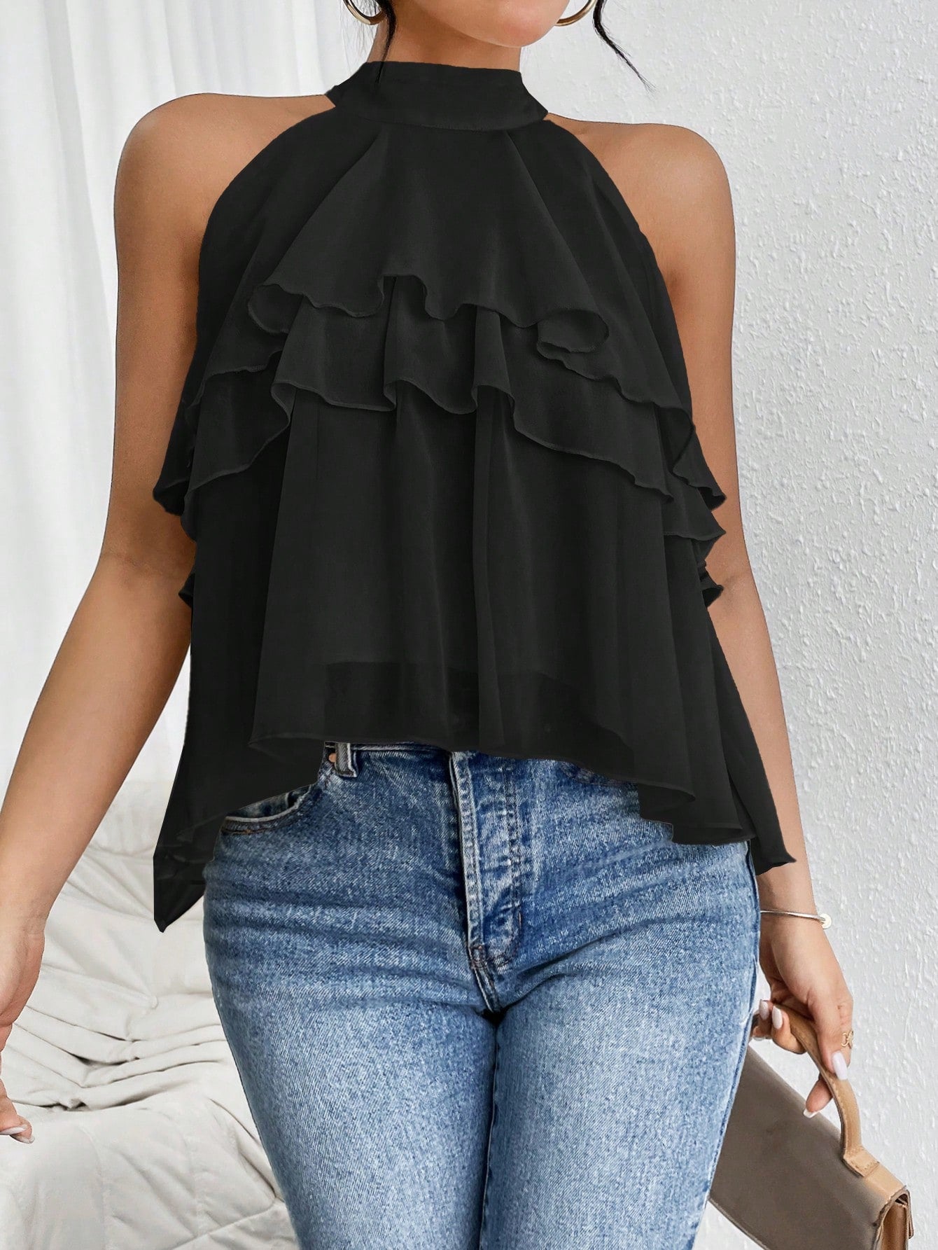 SHEIN Loose Fit Neck Tie Ruffle Hem Asymmetrical Chiffon Blouse Size 10 (M)