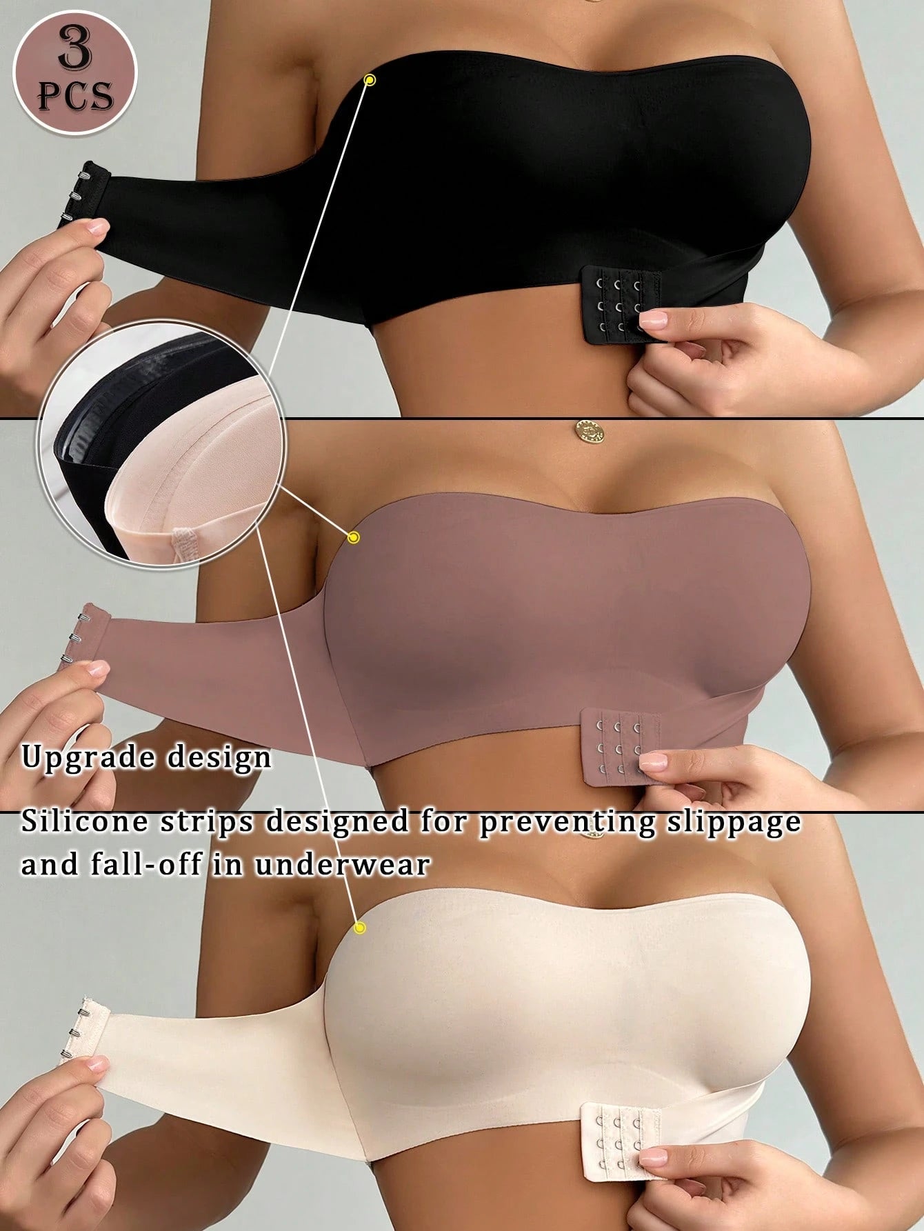 SHEIN Seamless & Strapless 3pcs Padded Bra Set Size L