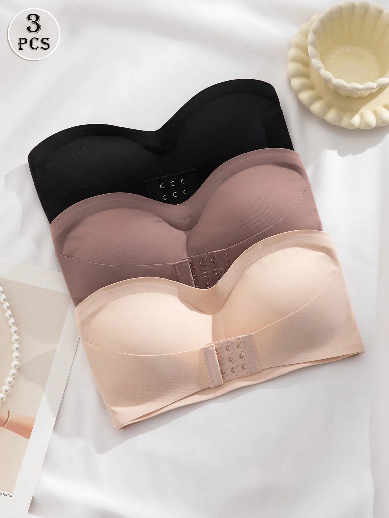 SHEIN Seamless & Strapless 3pcs Padded Bra Set Size L