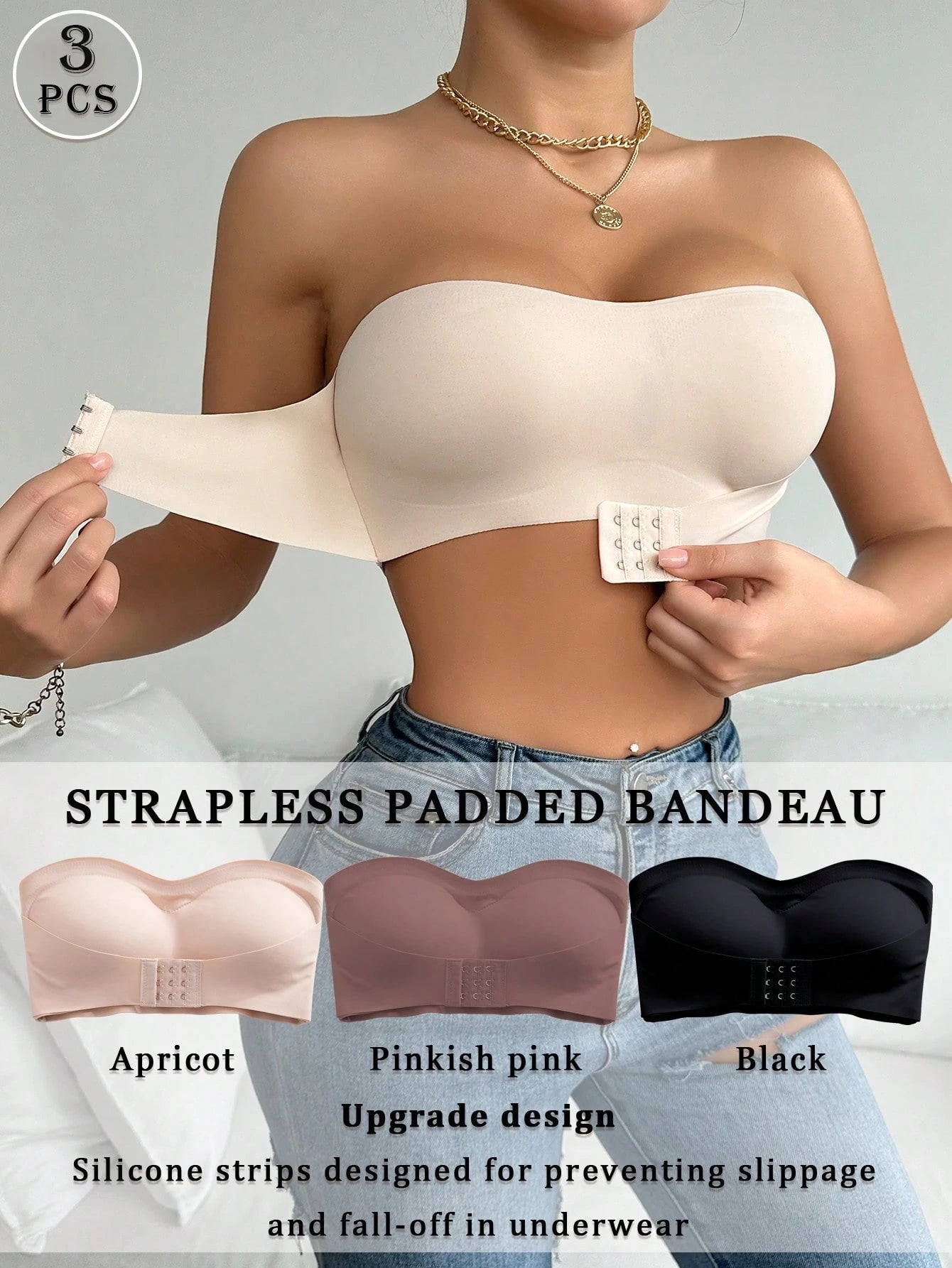 SHEIN Seamless & Strapless 3pcs Padded Bra Set Size L