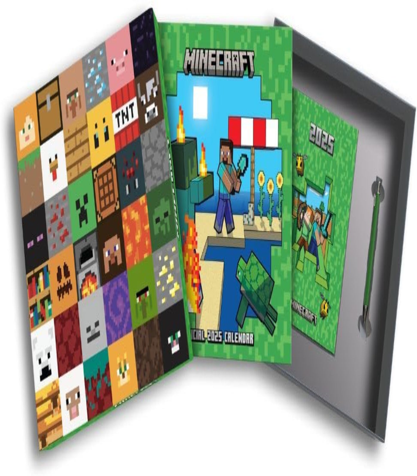 Minecraft-themed calendar with character and block designs on a white background