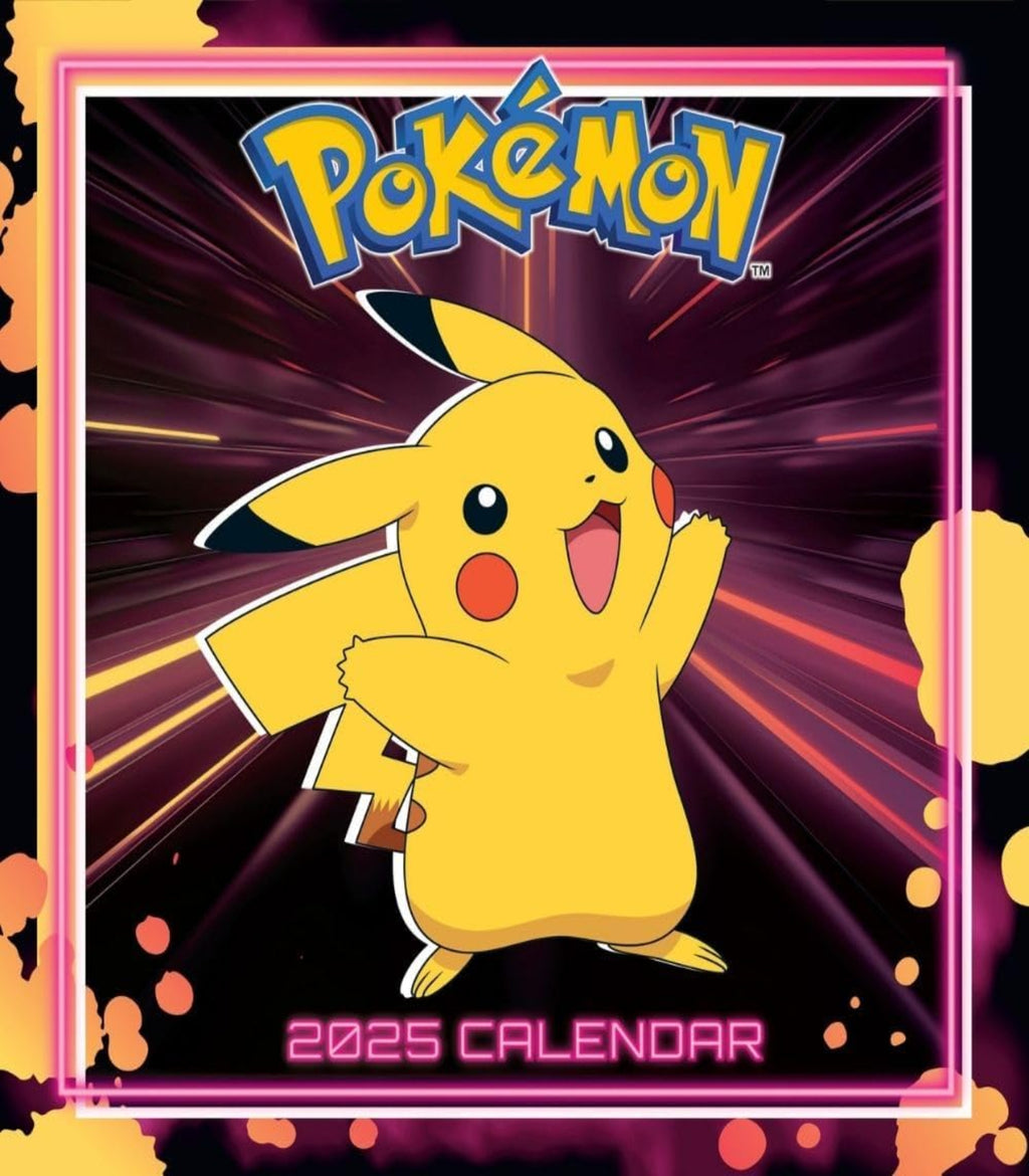 Pokémon 2025 calendar with Pikachu on a dark background