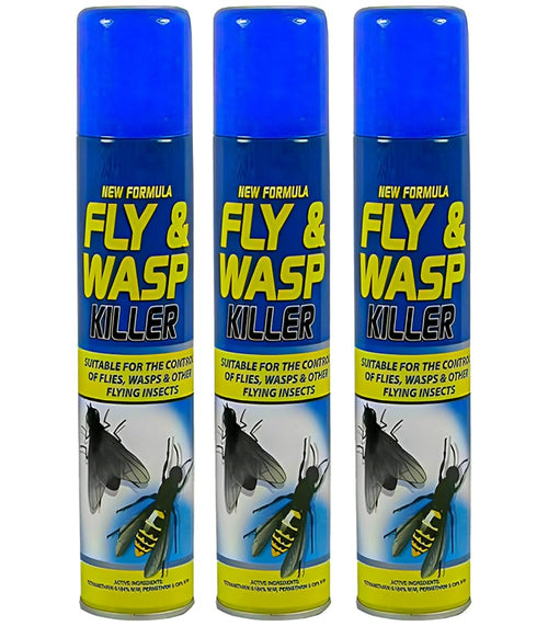 Three cans of fly and wasp killer with blue and yellow labels on a white background.