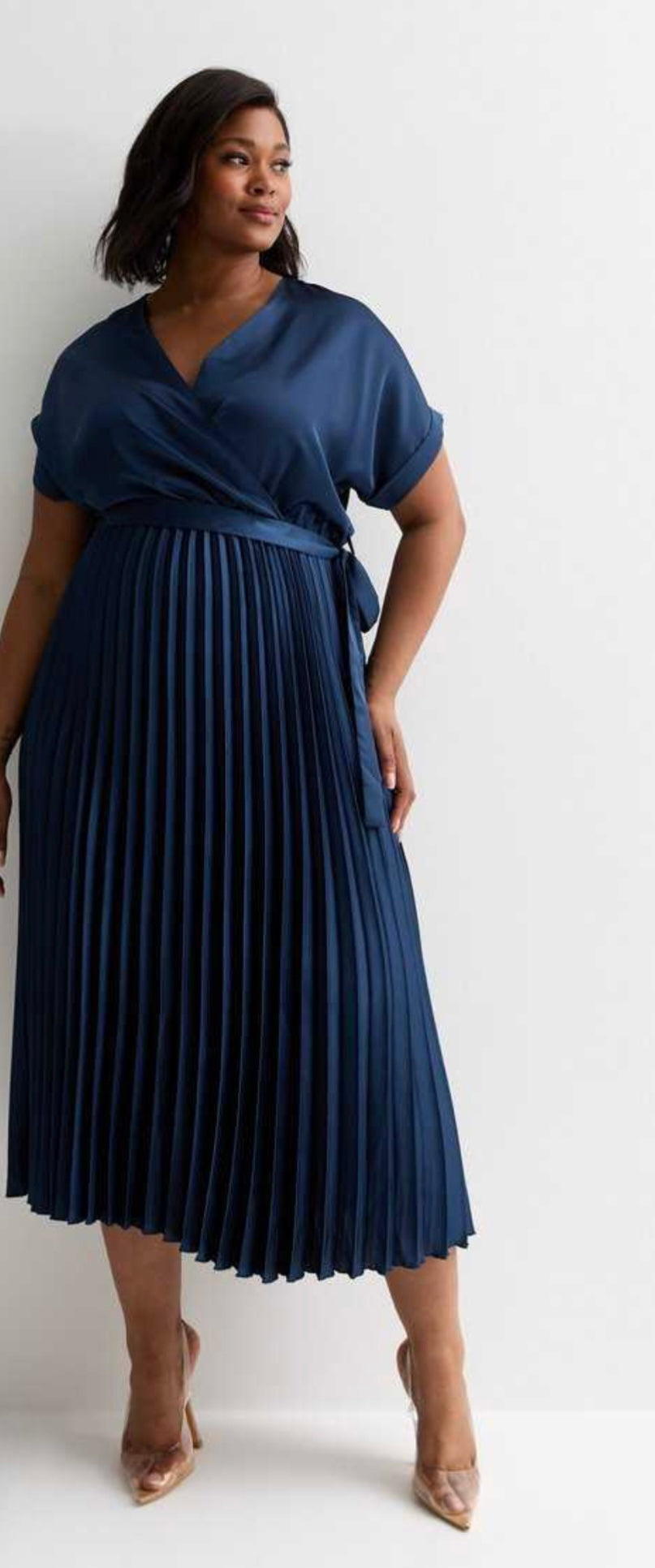 New Look Curves Navy Satin Pleated Wrap Midi Dress Size 24 RRP £39.99