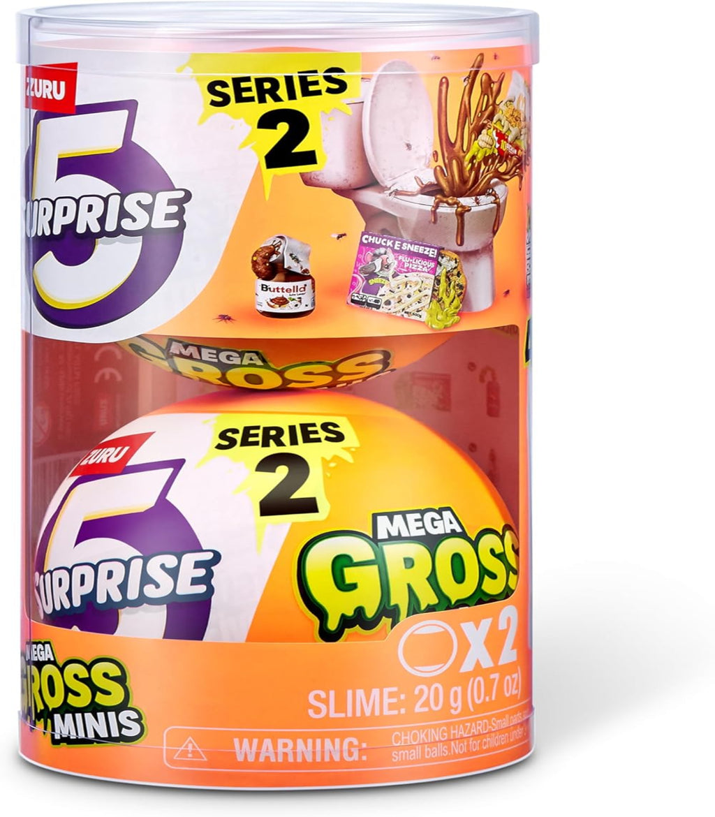 Toy packaging for 'Surprise 5 Mega Gross' series 2 with orange and purple design.