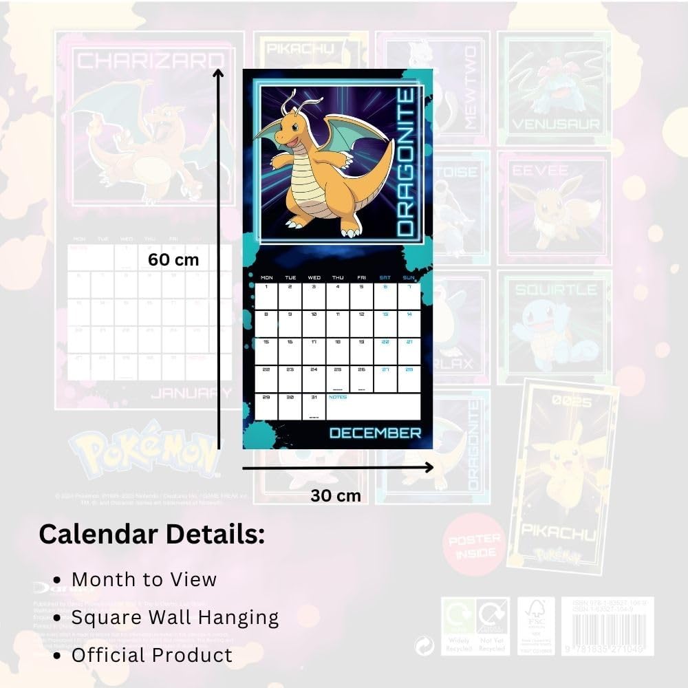 2025 Calendar Pokemon Month to View Square Calendar