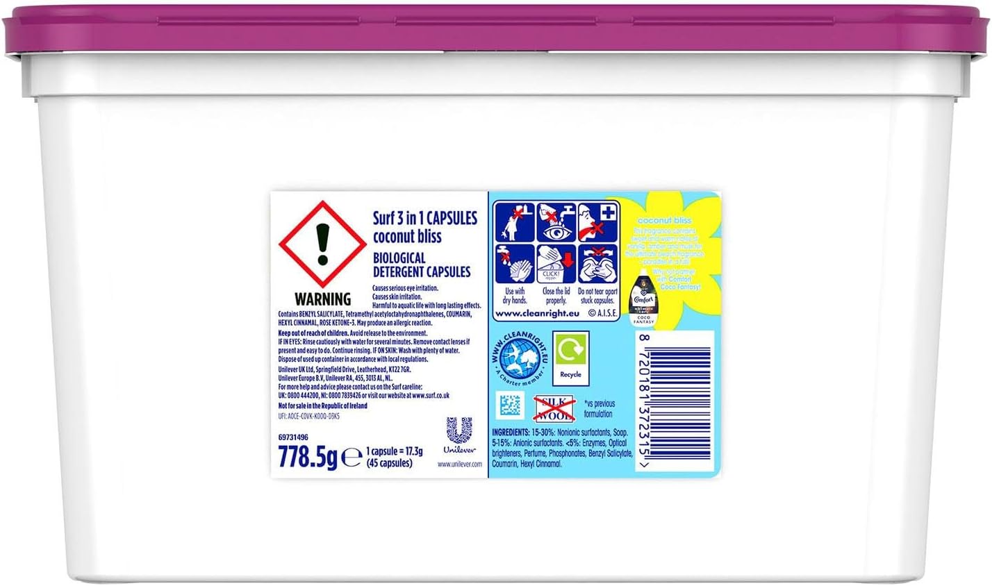 Surf 3-in-1 Washing Detergent Capsules Coconut Bliss 45 Washes (2 Pack)