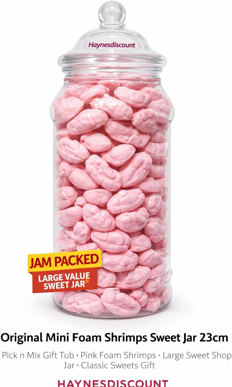 Original Mini Foam Shrimps Sweetie Jar 23cm – Pick n Mix Gift Tub, Pink Foam Shrimps Sweets 405g