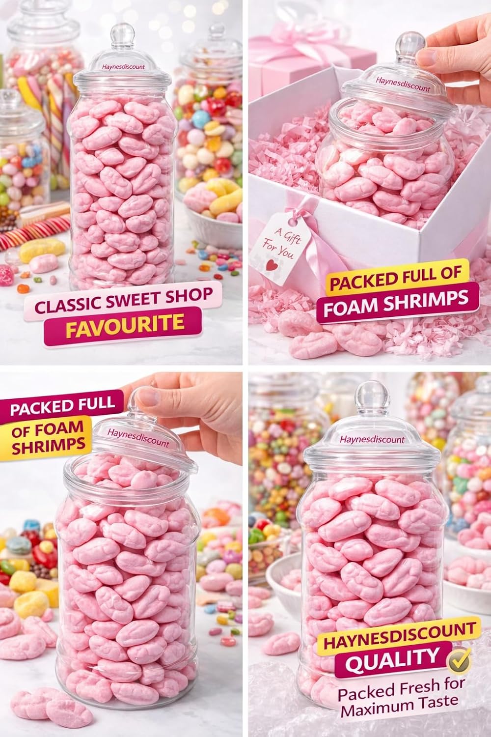 Original Mini Foam Shrimps Sweetie Jar 23cm – Pick n Mix Gift Tub, Pink Foam Shrimps Sweets 405g