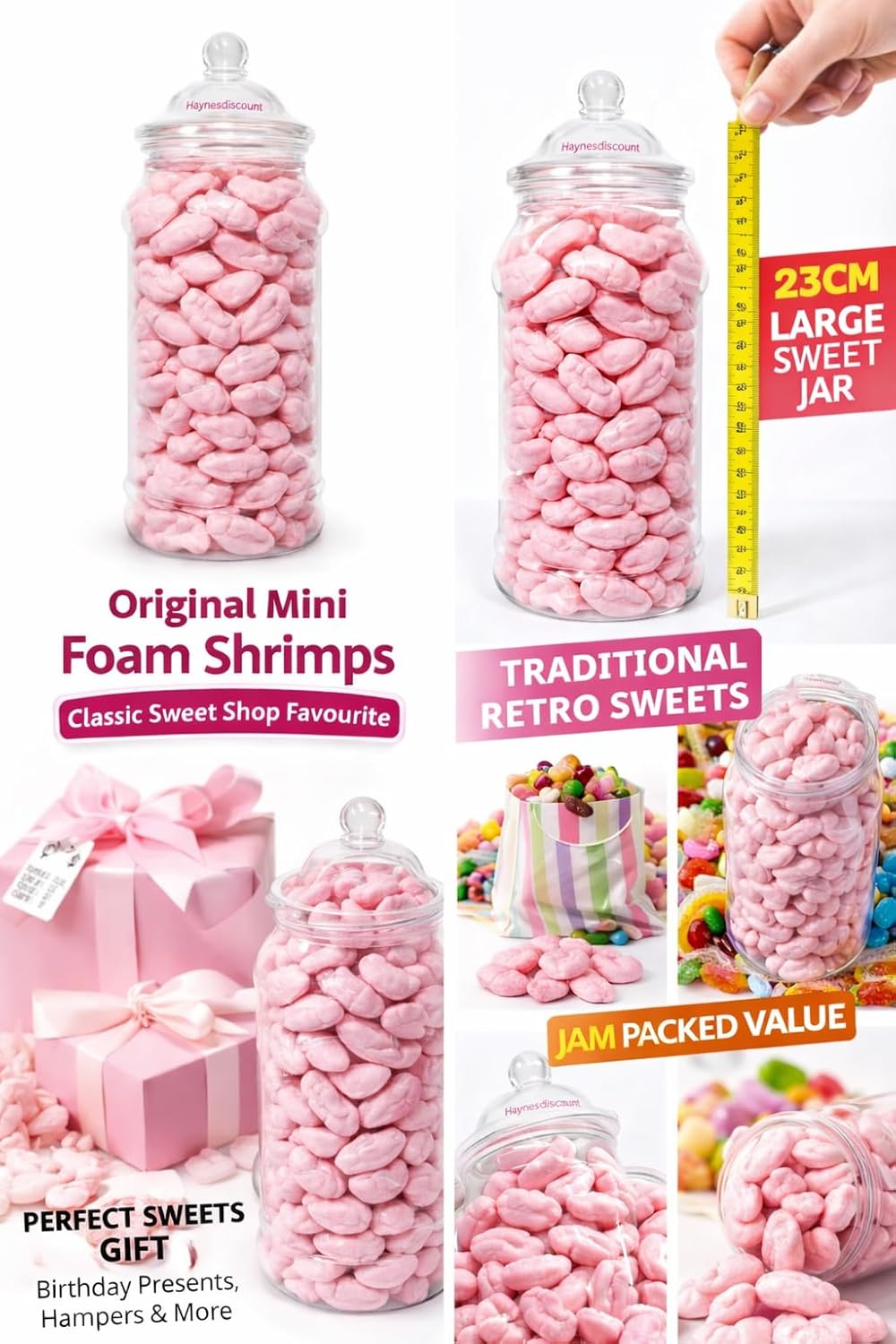 Original Mini Foam Shrimps Sweetie Jar 23cm – Pick n Mix Gift Tub, Pink Foam Shrimps Sweets 405g