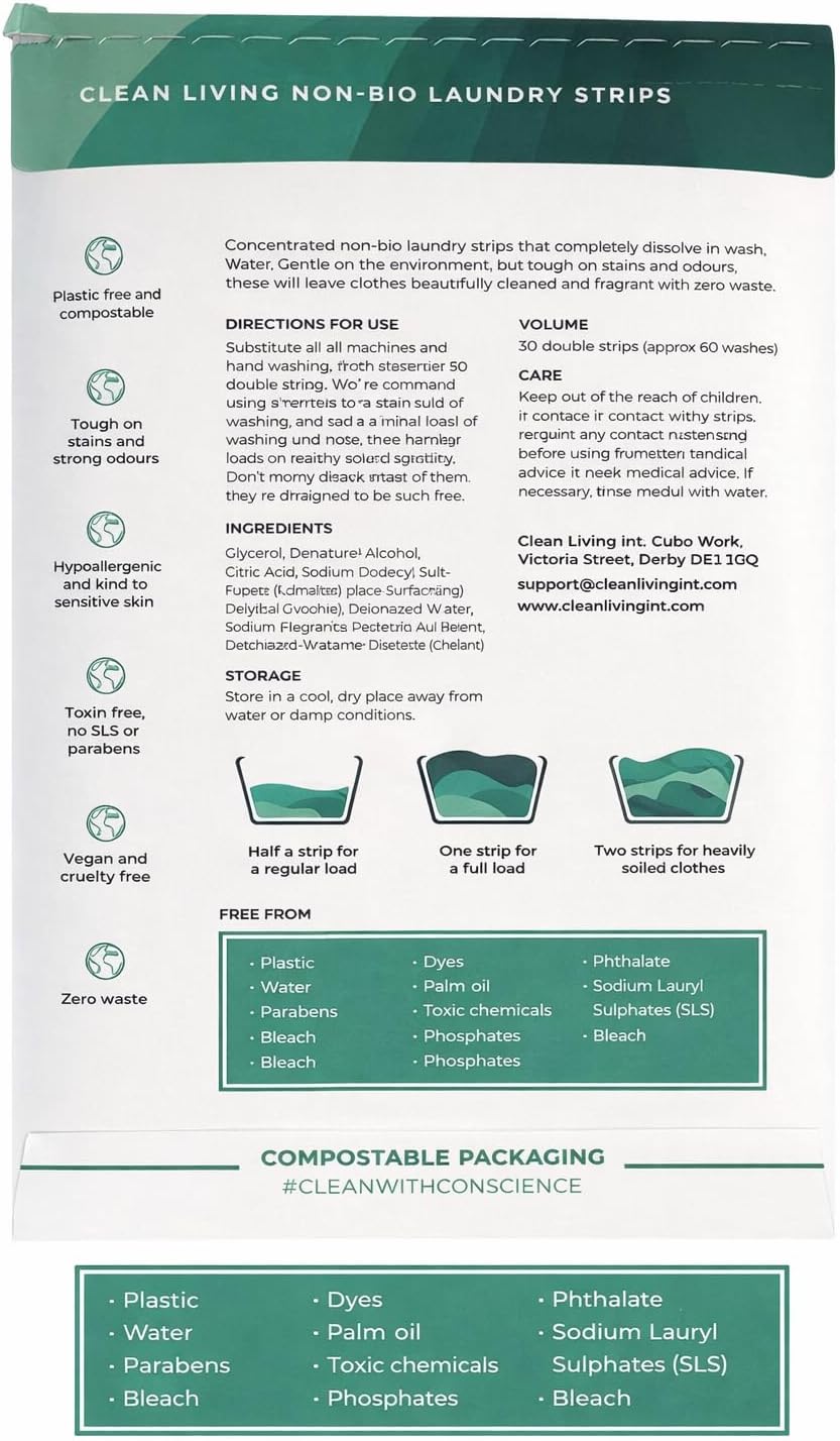 Laundry Detergent Strips Sheets - Eco Friendly & Vegan - Up to 60 Washes/Loads - Plastic Free - Non-Bio - Hand and Machine Washing - Baby Safe & Pet Safe