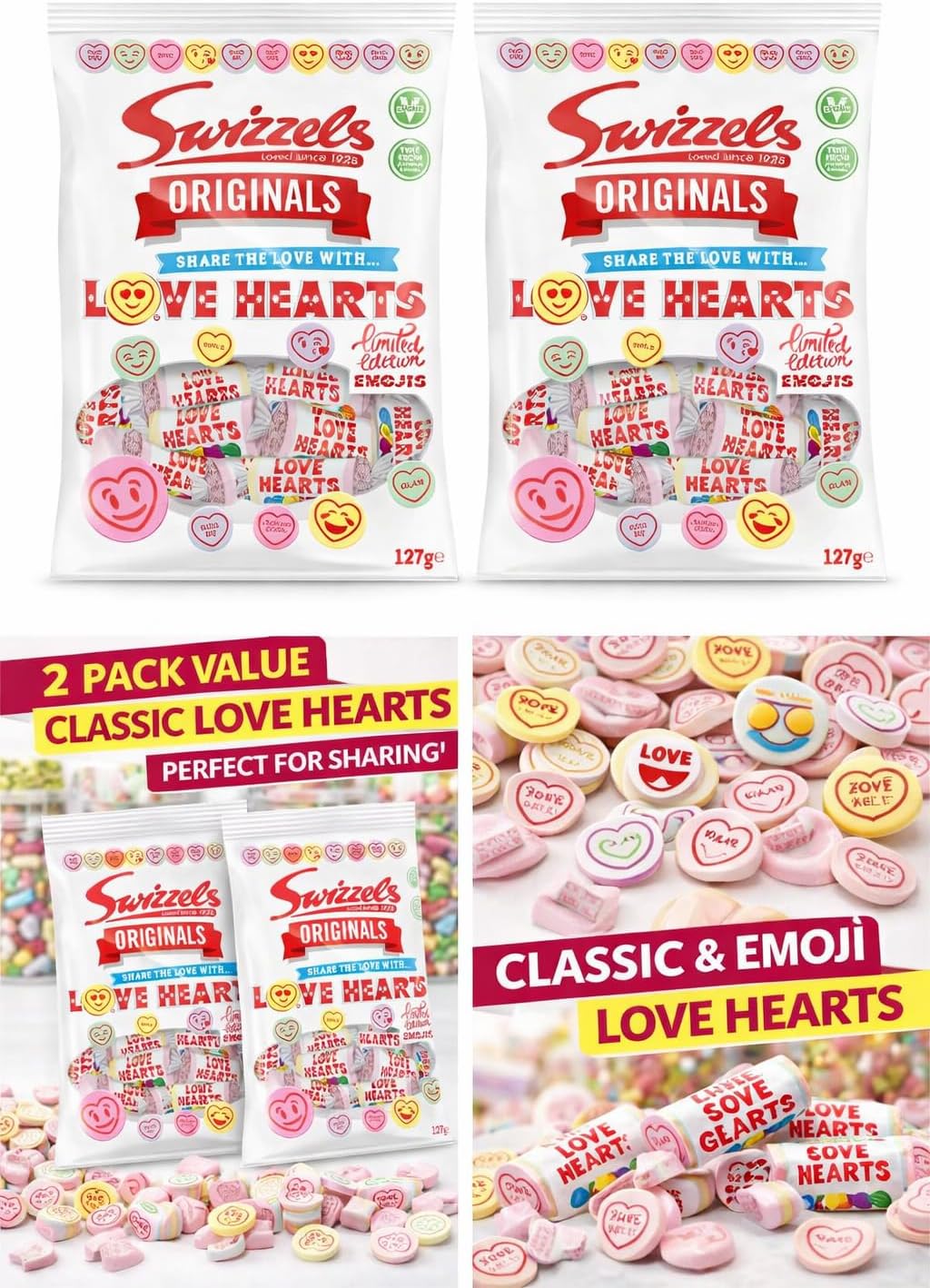 Originals Love Hearts Sweets 2 Pack (127g Each) – Classic Retro Candy Rolls, Share Size Bags