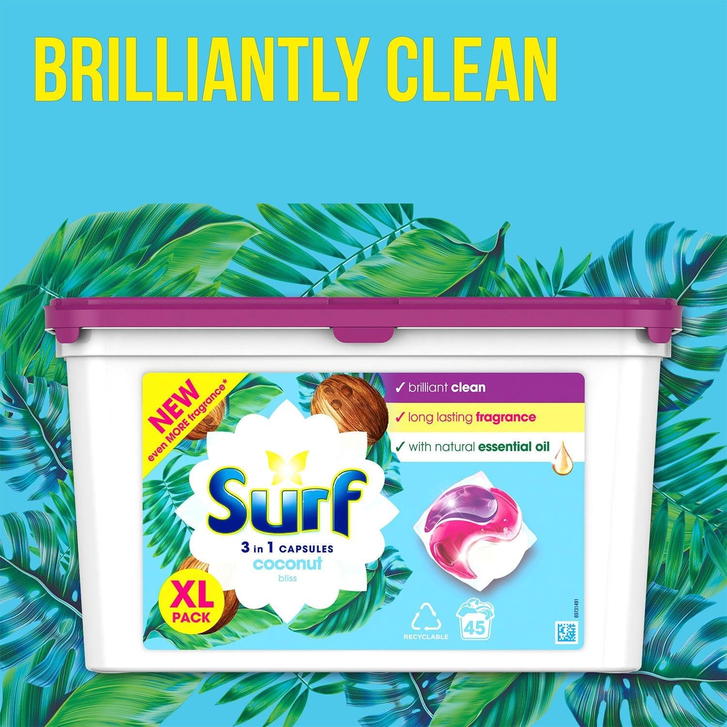 Surf 3-in-1 Washing Detergent Capsules Coconut Bliss 45 Washes (2 Pack)